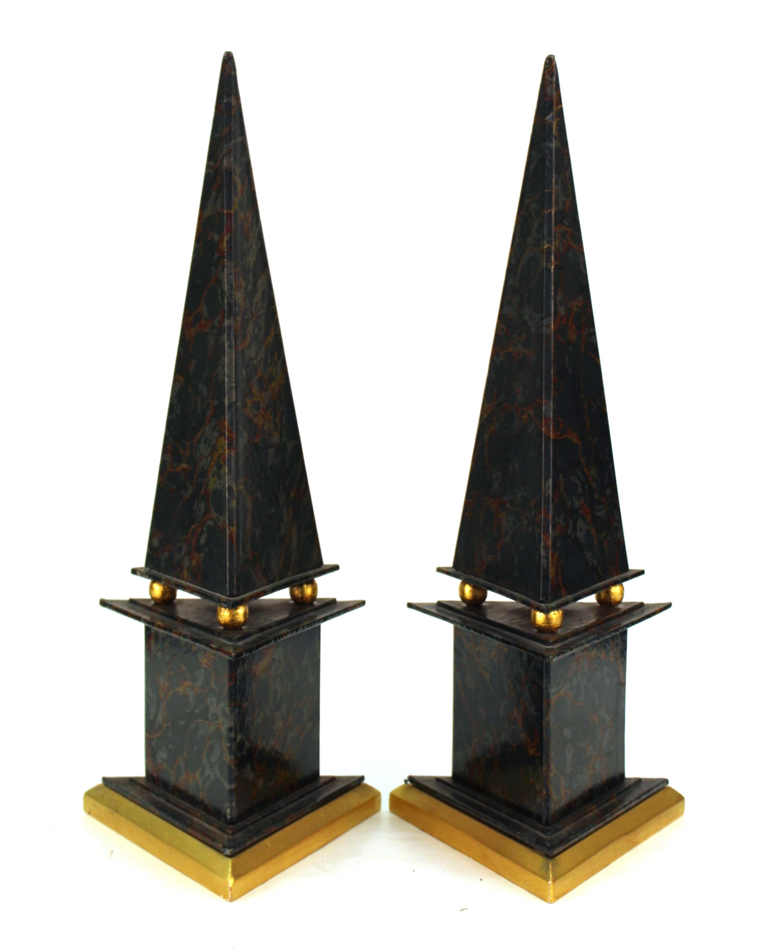 Gilt Neoclassical Style Obelisks in Marbled Paper and Gold Foil For Sale
