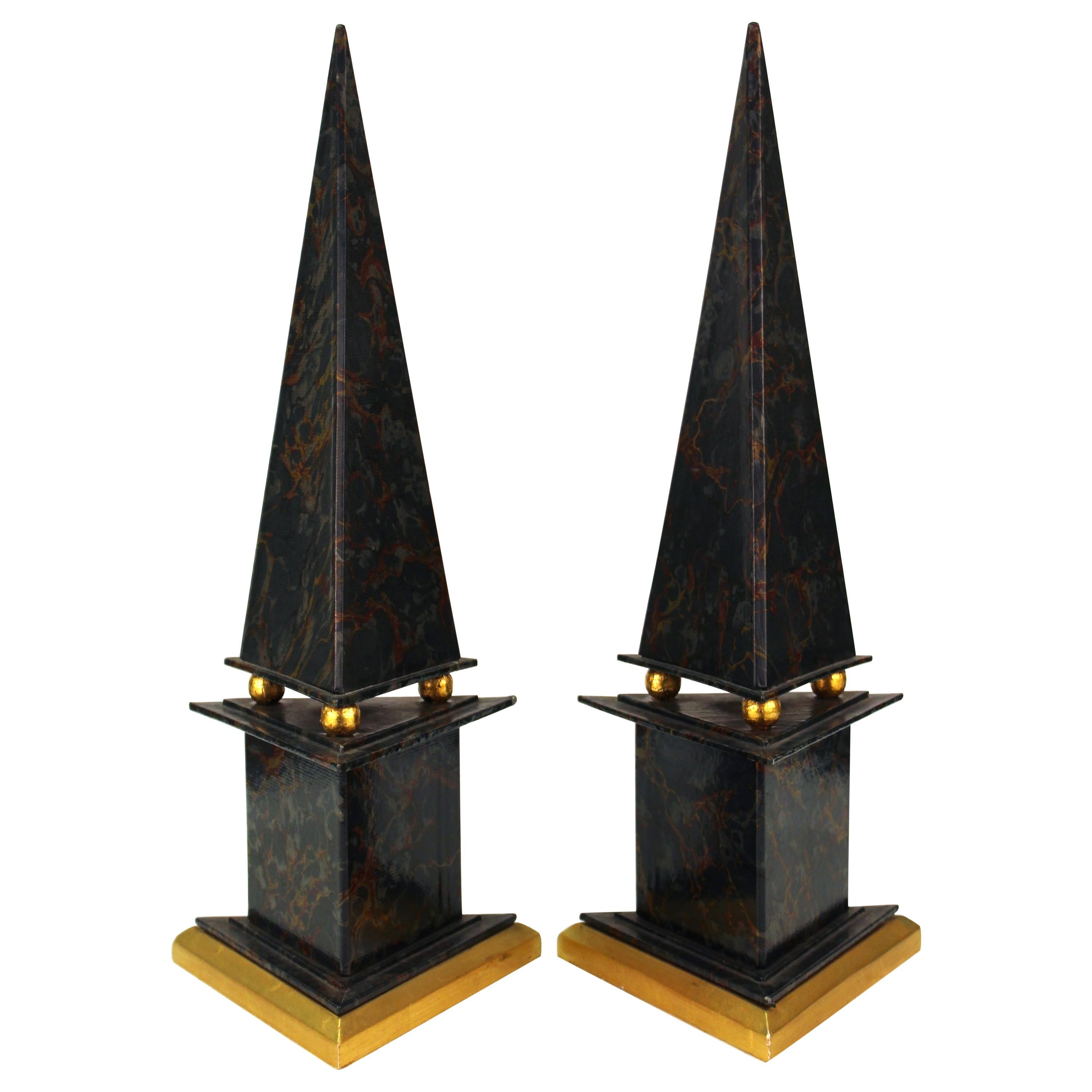 Neoclassical Style Obelisks in Marbled Paper and Gold Foil For Sale