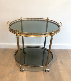 Neoclassical Style Oval Brass Bar Cart with Smoked Glass, French, circa 1940