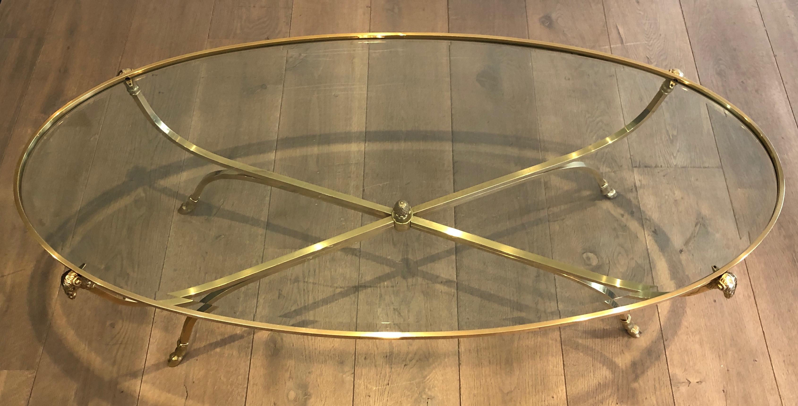French Neoclassical Style Ovale Brass and Bronze Coffee Table with Ram Heads and Hoof