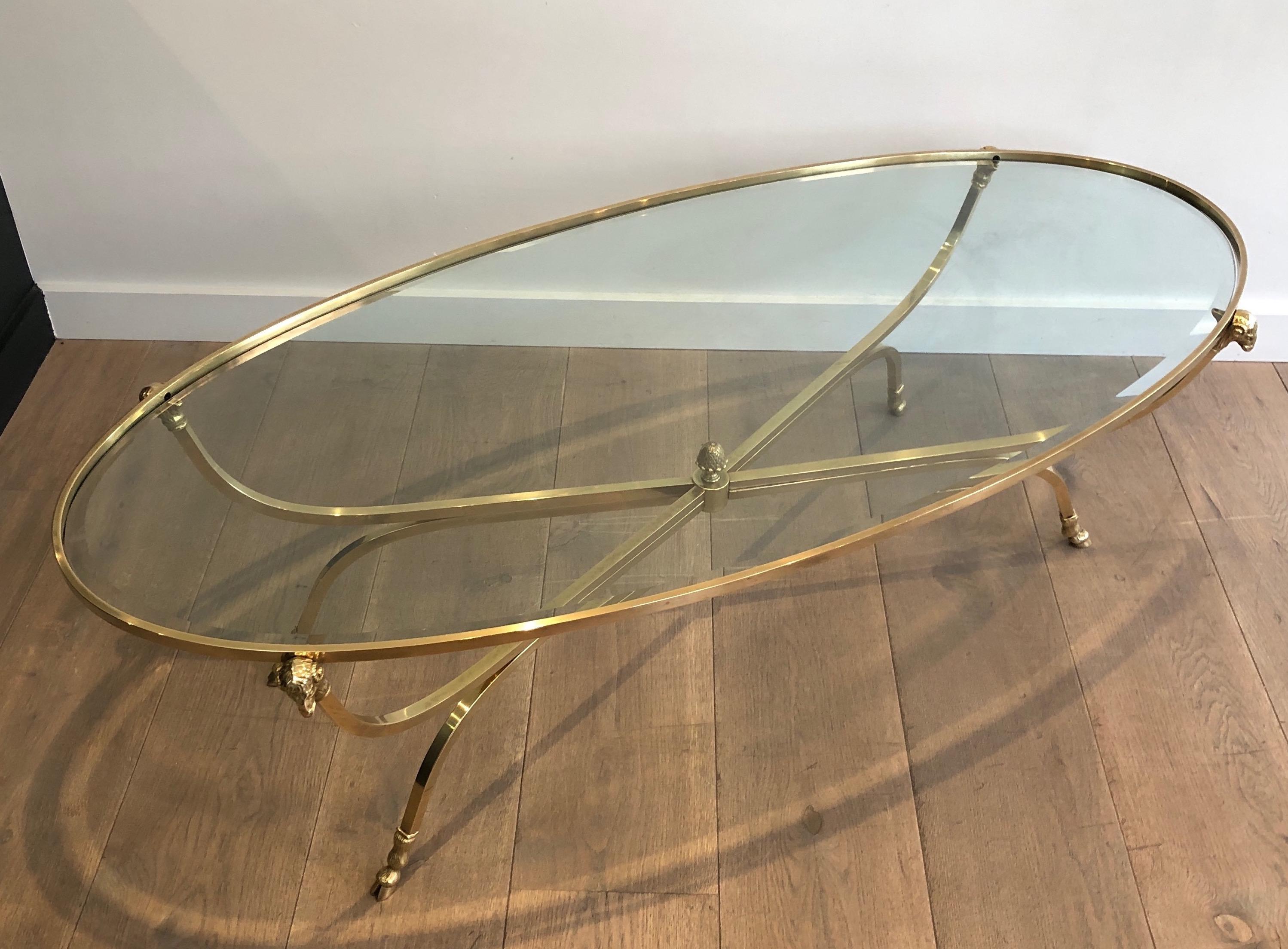 Neoclassical Style Ovale Brass and Bronze Coffee Table with Ram Heads and Hoof In Good Condition In Marcq-en-Barœul, Hauts-de-France