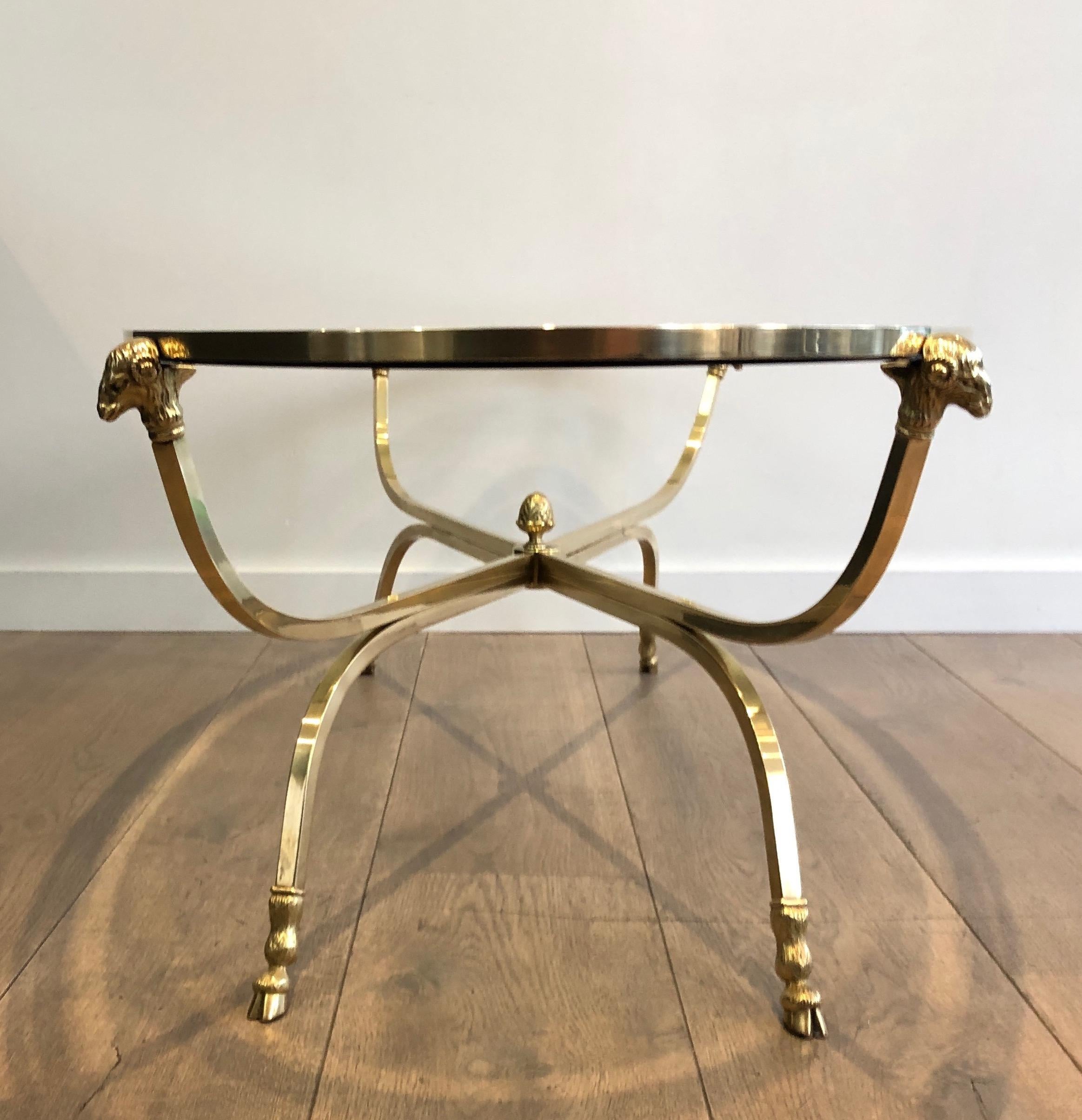 Mid-20th Century Neoclassical Style Ovale Brass and Bronze Coffee Table with Ram Heads and Hoof