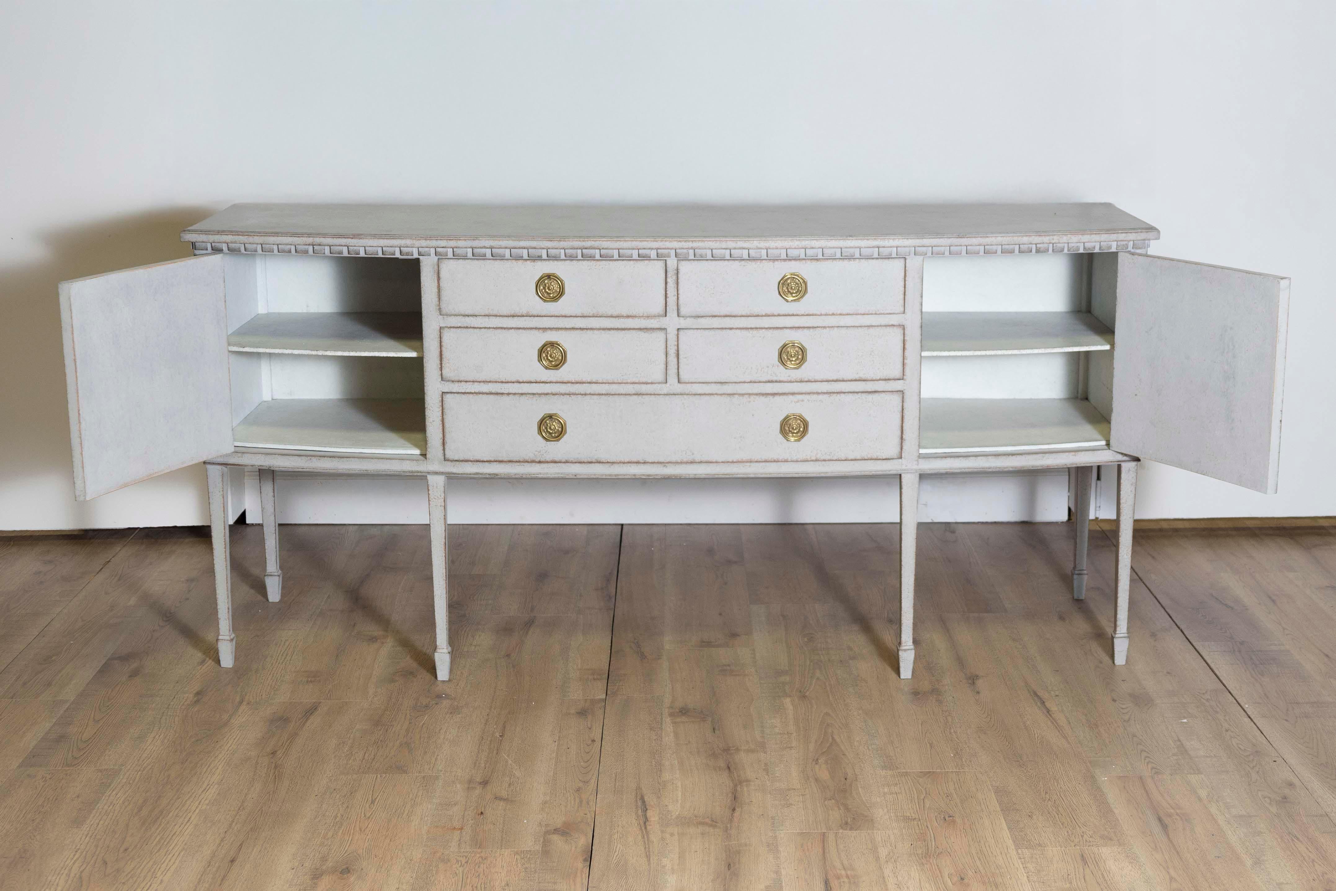 Swedish Neoclassical Style Painted Bow Front Sideboard with Two Doors and Five Drawers For Sale