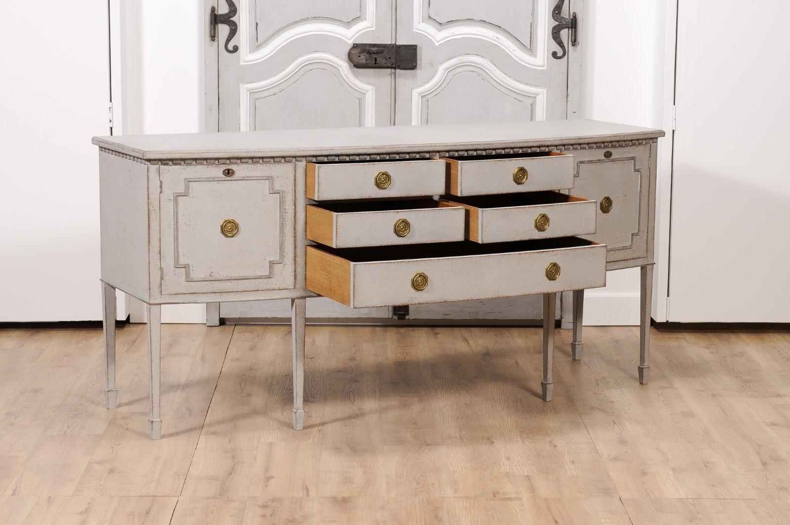 Carved Neoclassical Style Painted Bow Front Sideboard with Two Doors and Five Drawers For Sale