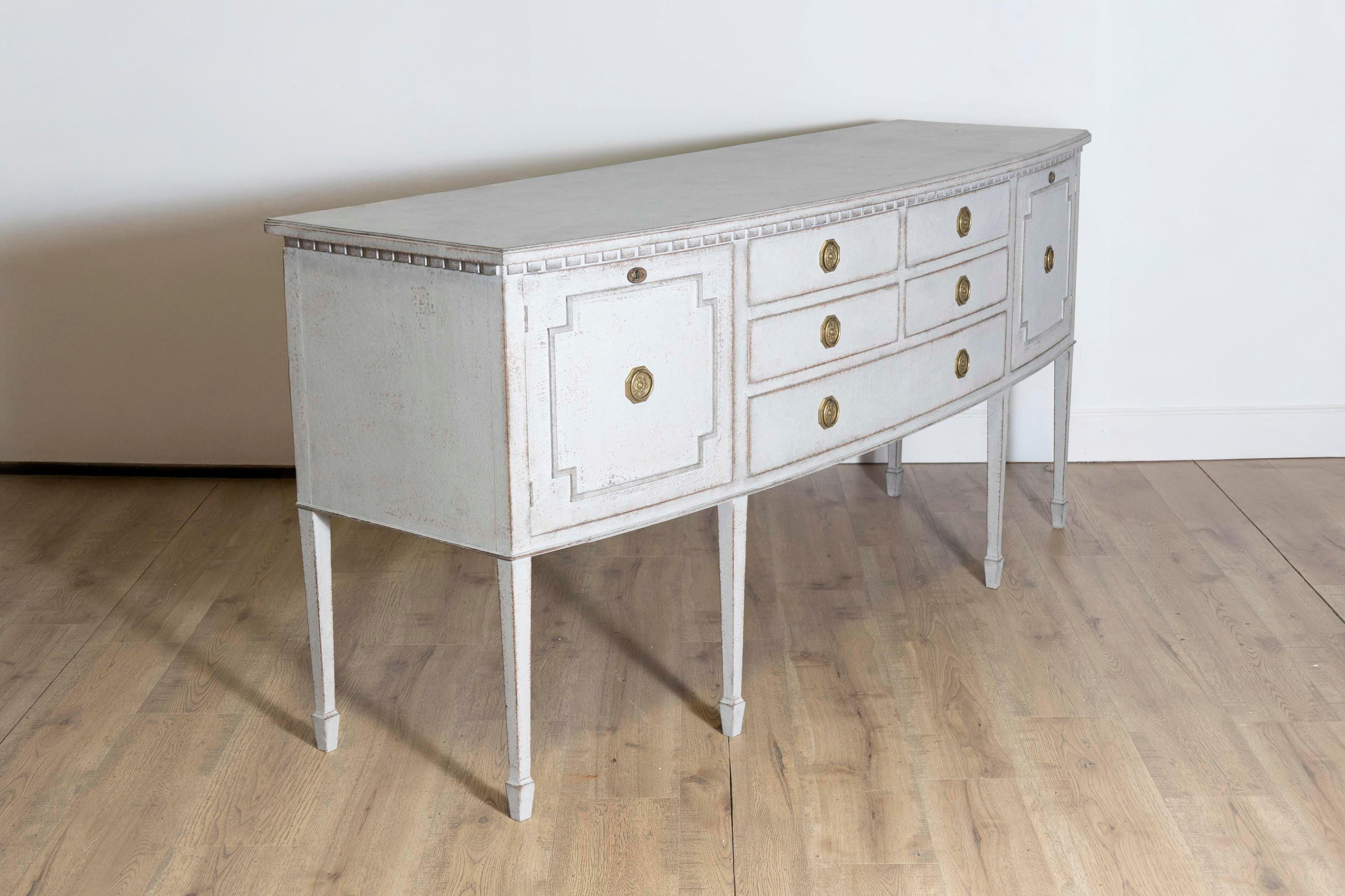 Carved Neoclassical Style Painted Bow Front Sideboard with Two Doors and Five Drawers For Sale