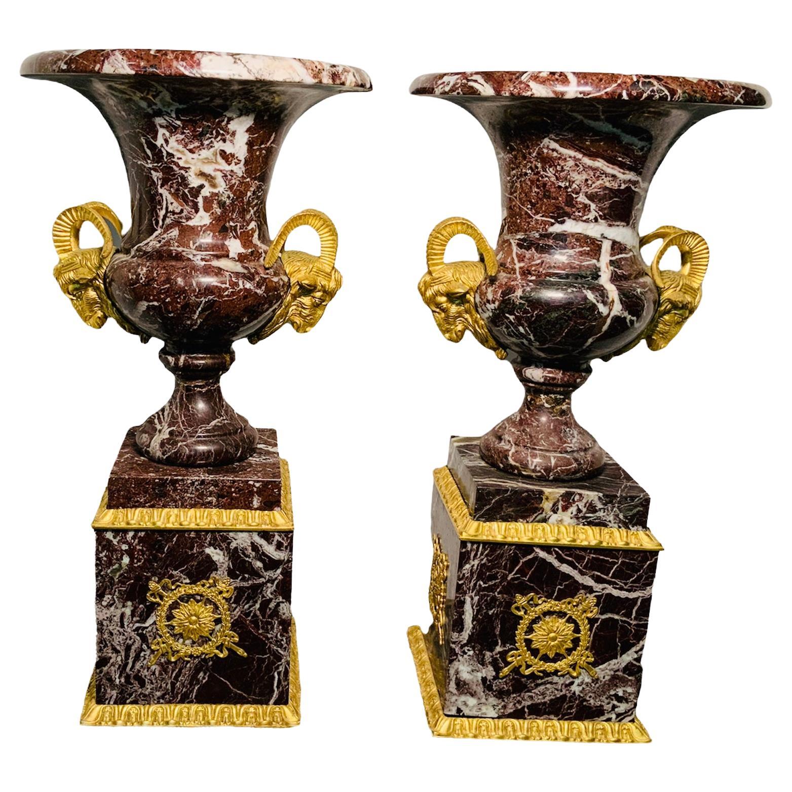 Neoclassical Style Pair Of Brown Marble Bell Shaped Urns  For Sale