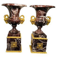 Neoclassical Style Pair Of Brown Marble Bell Shaped Urns 