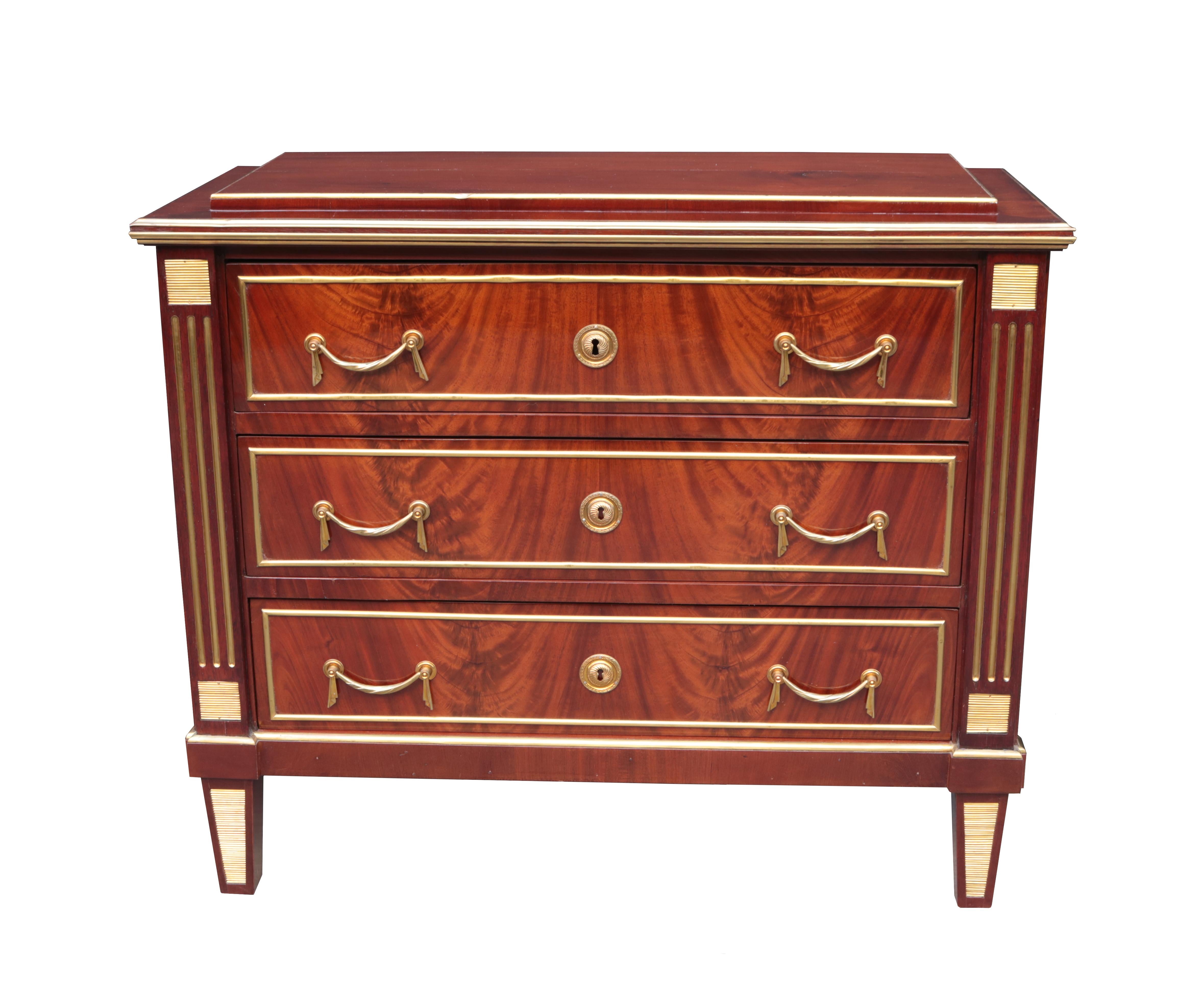 Neoclassical style pair of chests.
Mahogany with brass trim, pulls, sabots and other details.