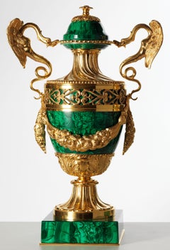 Neoclassical Style Pair of Russian Malachite and Gilt Bronze Urns