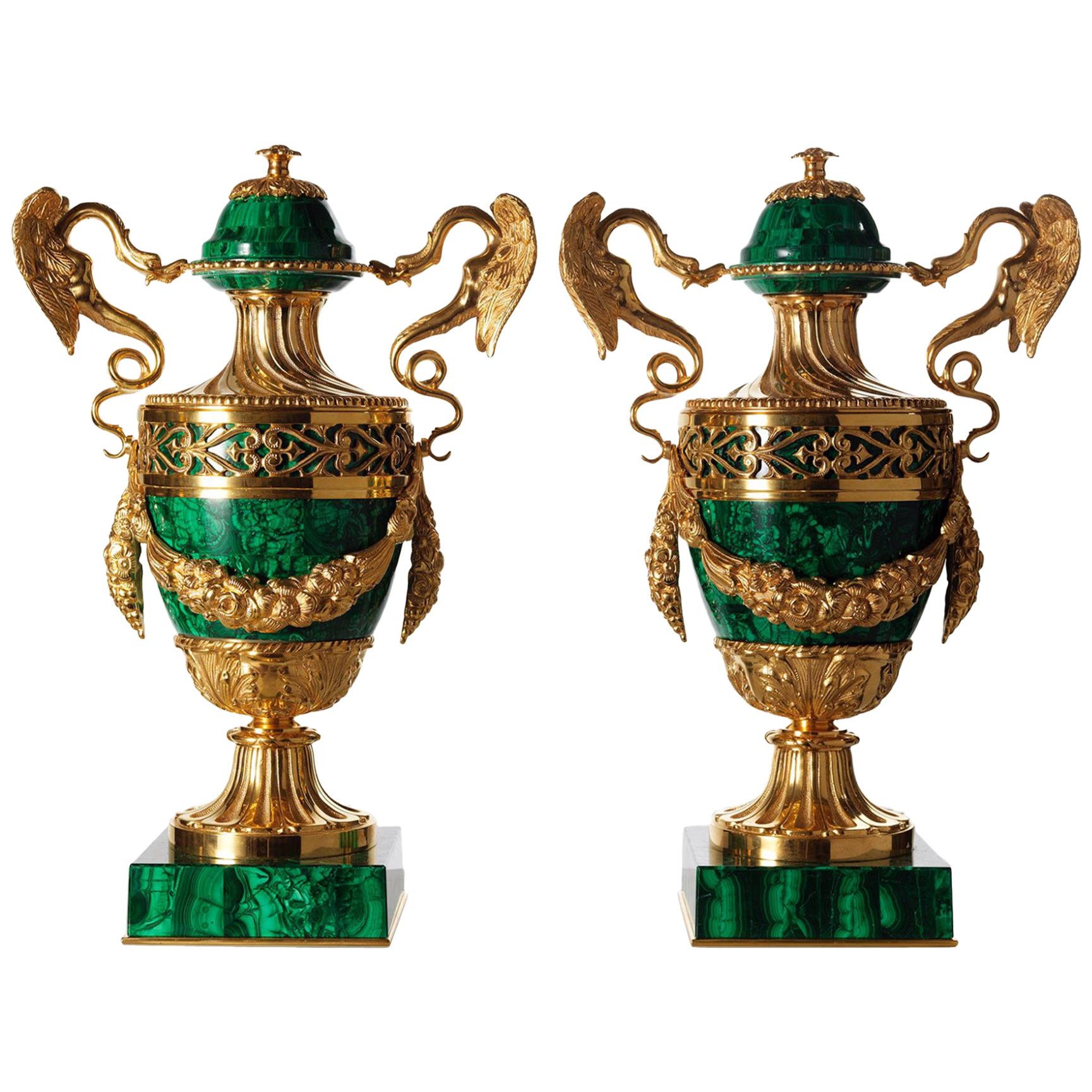 Neoclassical Style Pair of Russian Malachite and Gilt Bronze Urns