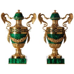 Neoclassical Style Pair of Russian Malachite and Gilt Bronze Urns