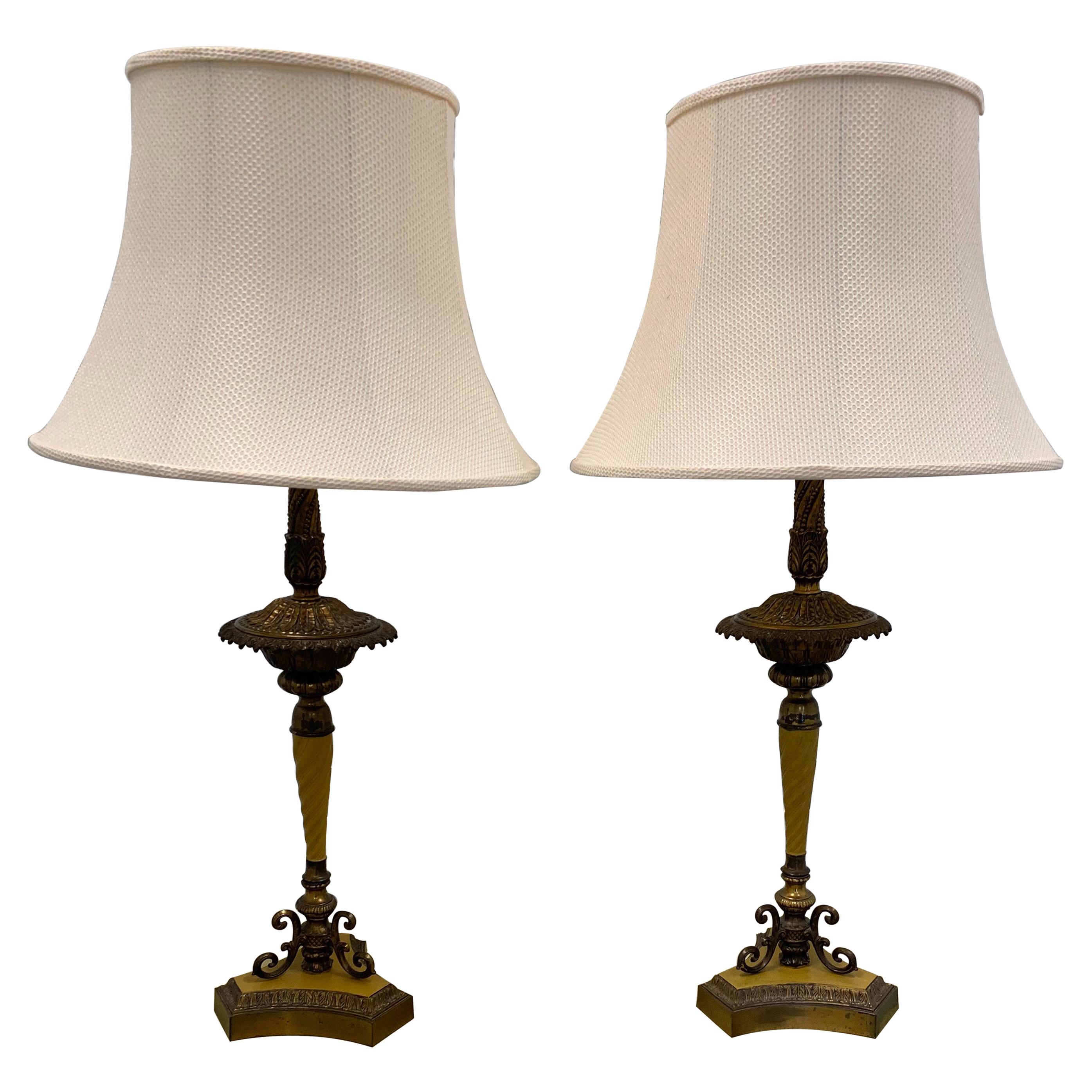 Neoclassical Style Pair of Vintage Tall Table Lamps with Brass and Metal