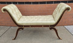 Neoclassical Style Partial Gilt, Mahogany & Brass Nail Trim Tufted Leather Bench