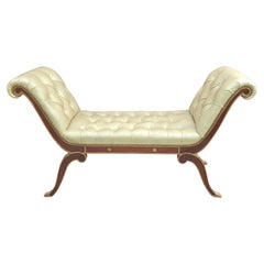 Neoclassical Style Partial Gilt, Mahogany & Brass Nail Trim Tufted Leather Bench