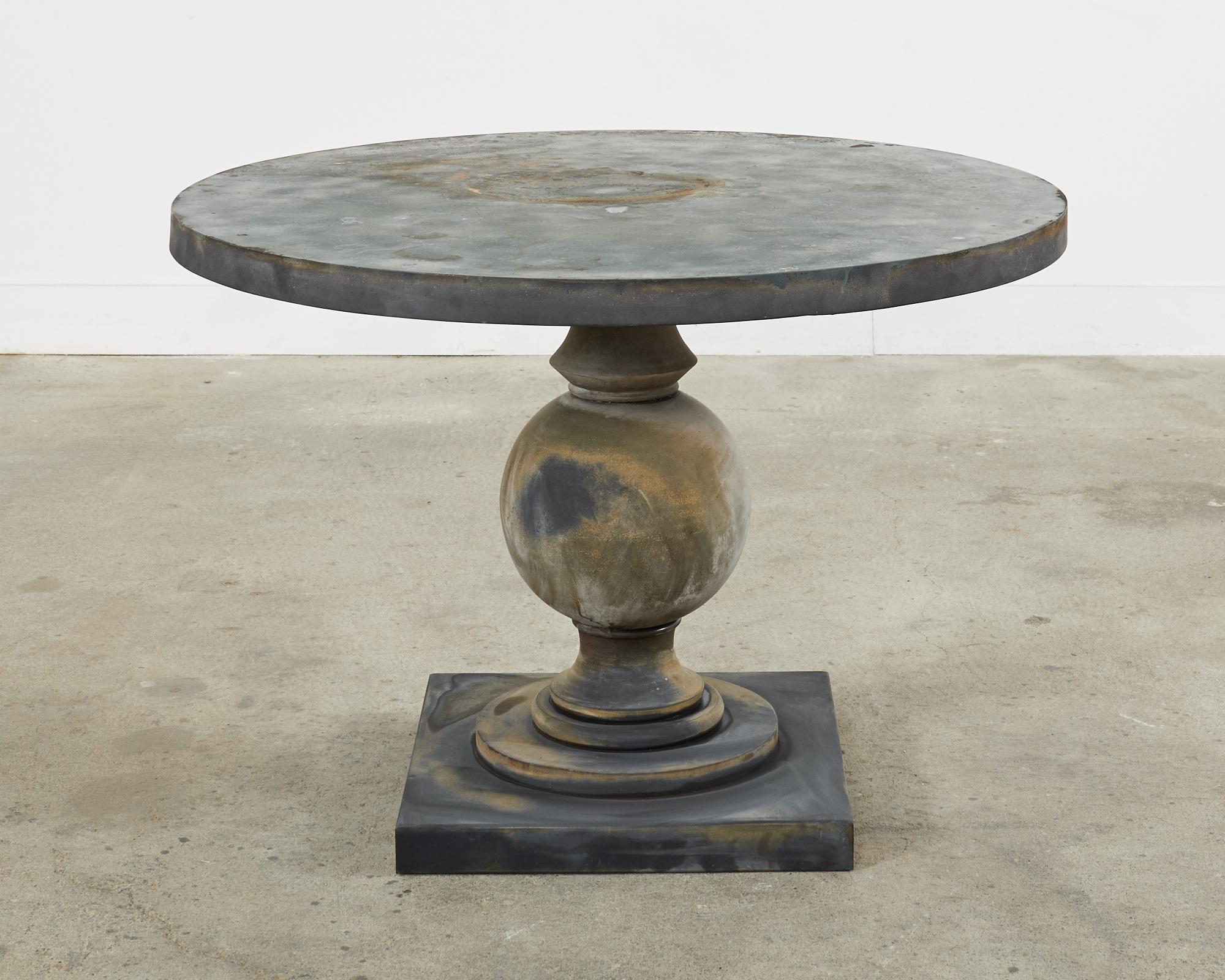 Neoclassical Style Patinated Zinc Garden Dining Center Table In Distressed Condition In Rio Vista, CA
