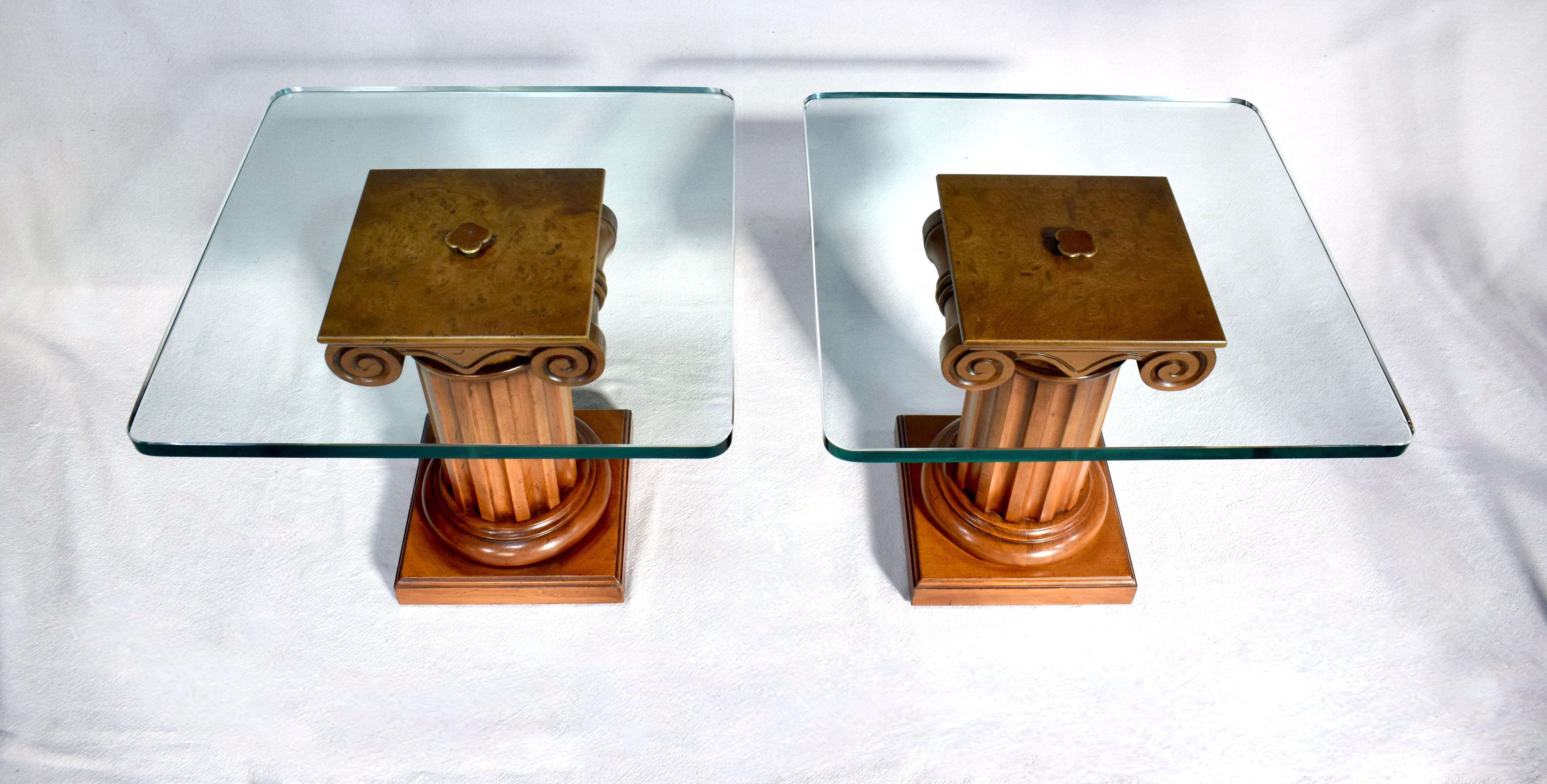 A pair of Ionic column Burl and Walnut pedestal tables in the Neoclassical style with 1/2