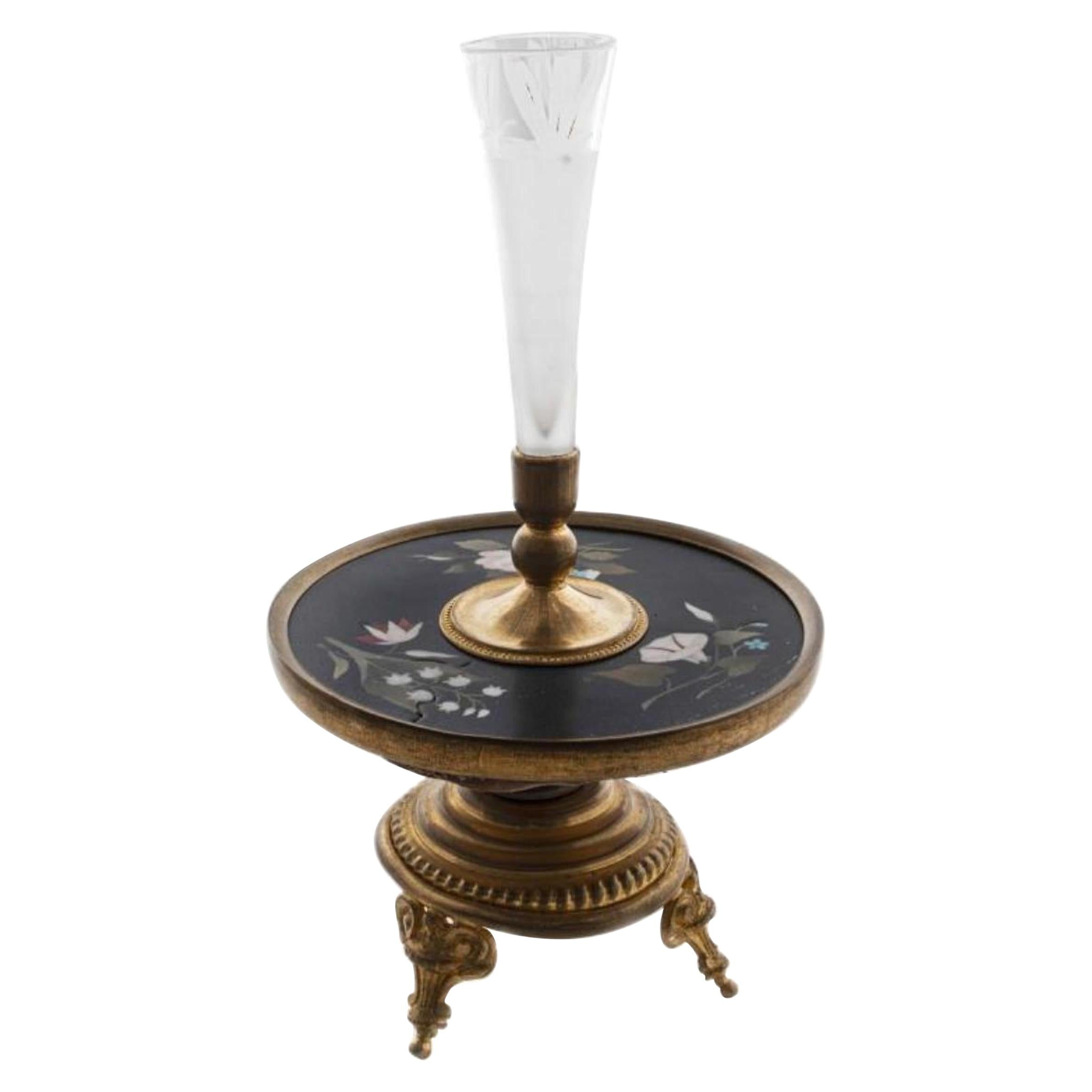 Neoclassical Style Pietra Dura Inlaid & Brass Mounted Candle Holder For Sale