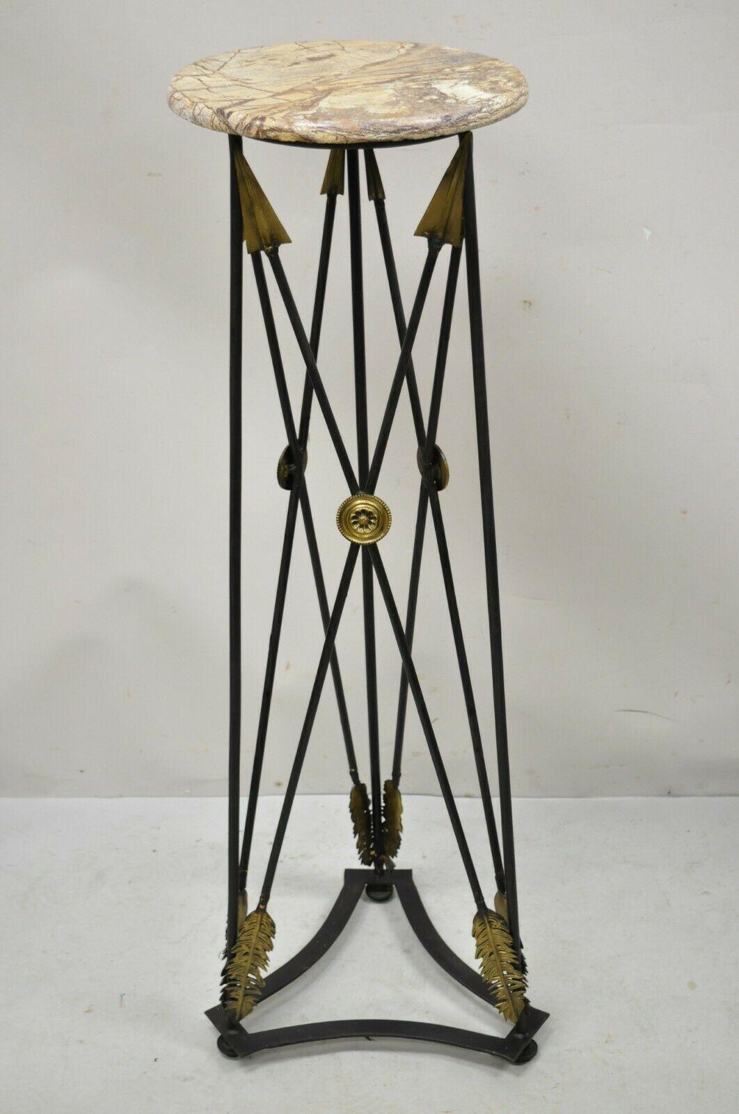 Neoclassical style pink marble top X-form arrow pedestal plant stand table. Item features a round marble top, iron arrow form tripod pedestal base, very nice item, great style and form, possibly by Maitland Smith. Circa Late 20th Century.