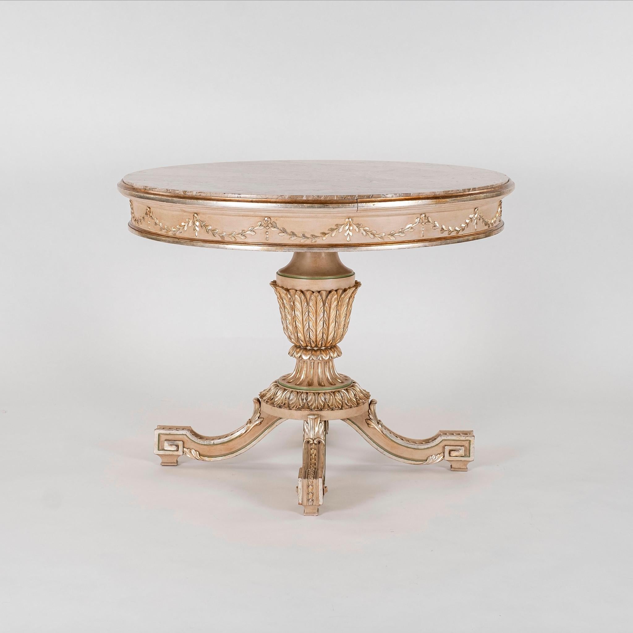 20th century Italian neoclassical style paint and parcel gilt center table with marble top.