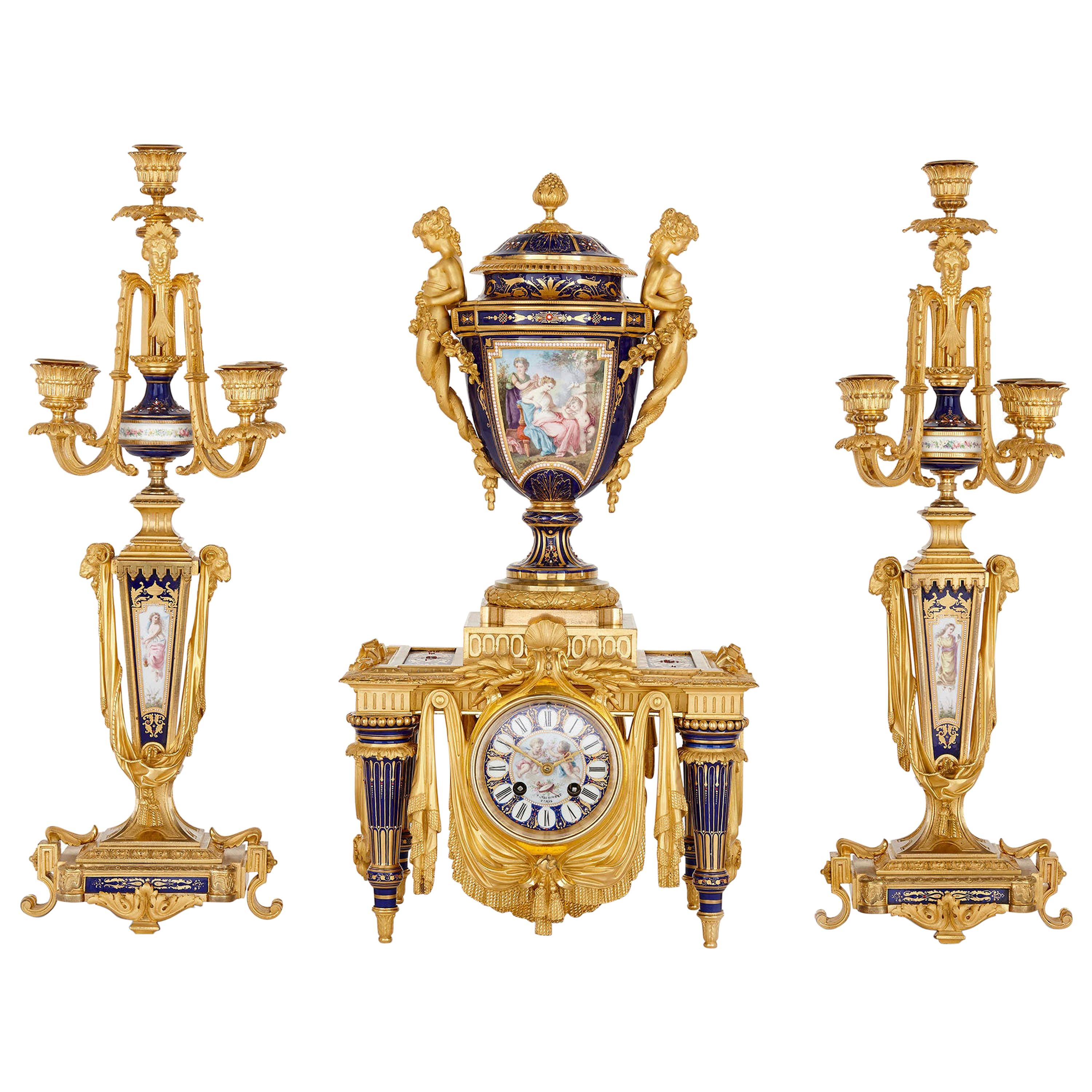 Neoclassical Style Porcelain and Gilt Bronze Clock Set by Barbedienne For Sale
