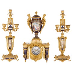 Neoclassical Style Porcelain and Gilt Bronze Clock Set by Barbedienne