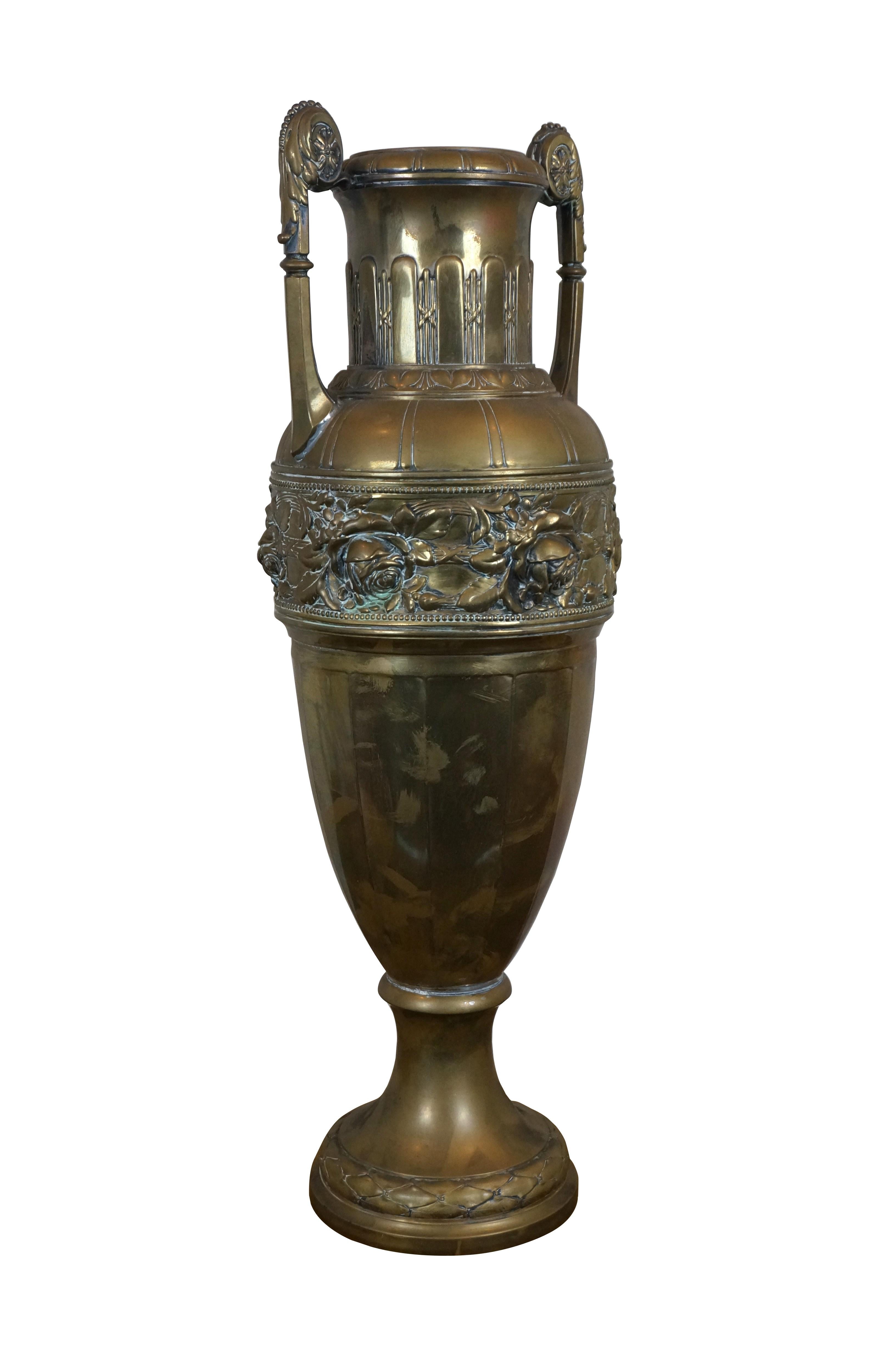 Neoclassical Style Repousse Brass Roses Mantel Urn Amphora Vase 26
