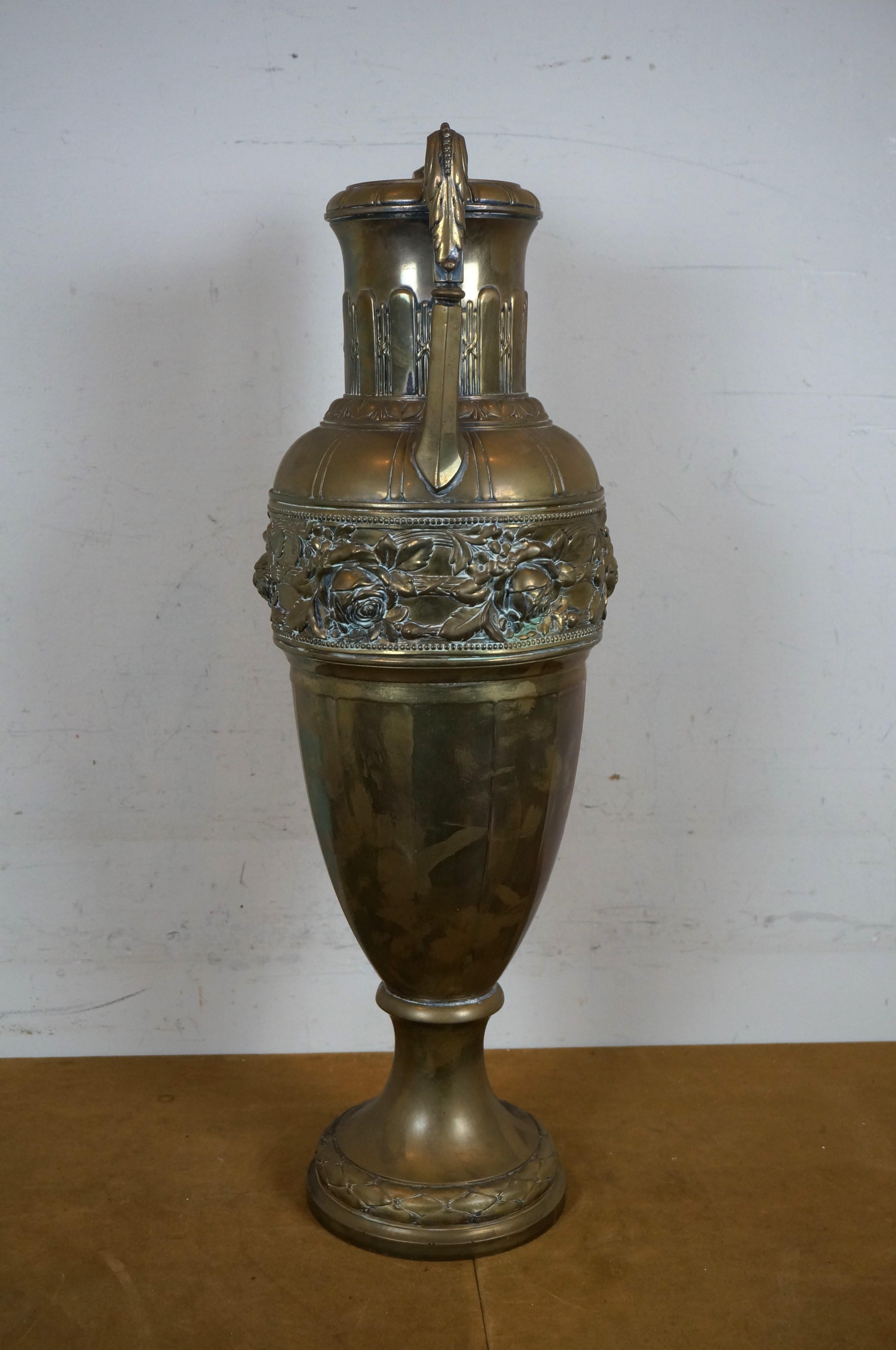 20th Century Neoclassical Style Repousse Brass Roses Mantel Urn Amphora Vase 26