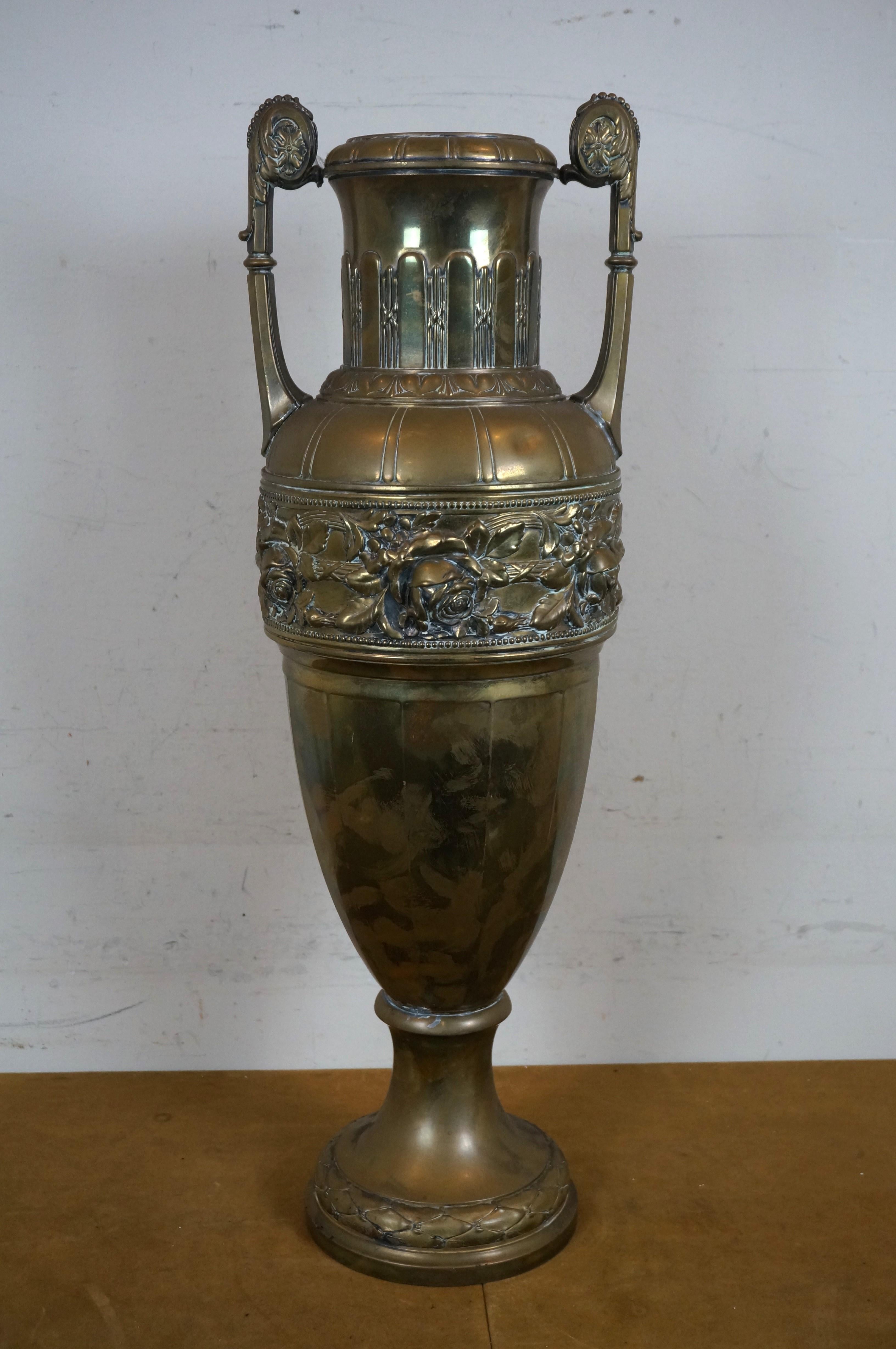 Neoclassical Style Repousse Brass Roses Mantel Urn Amphora Vase 26