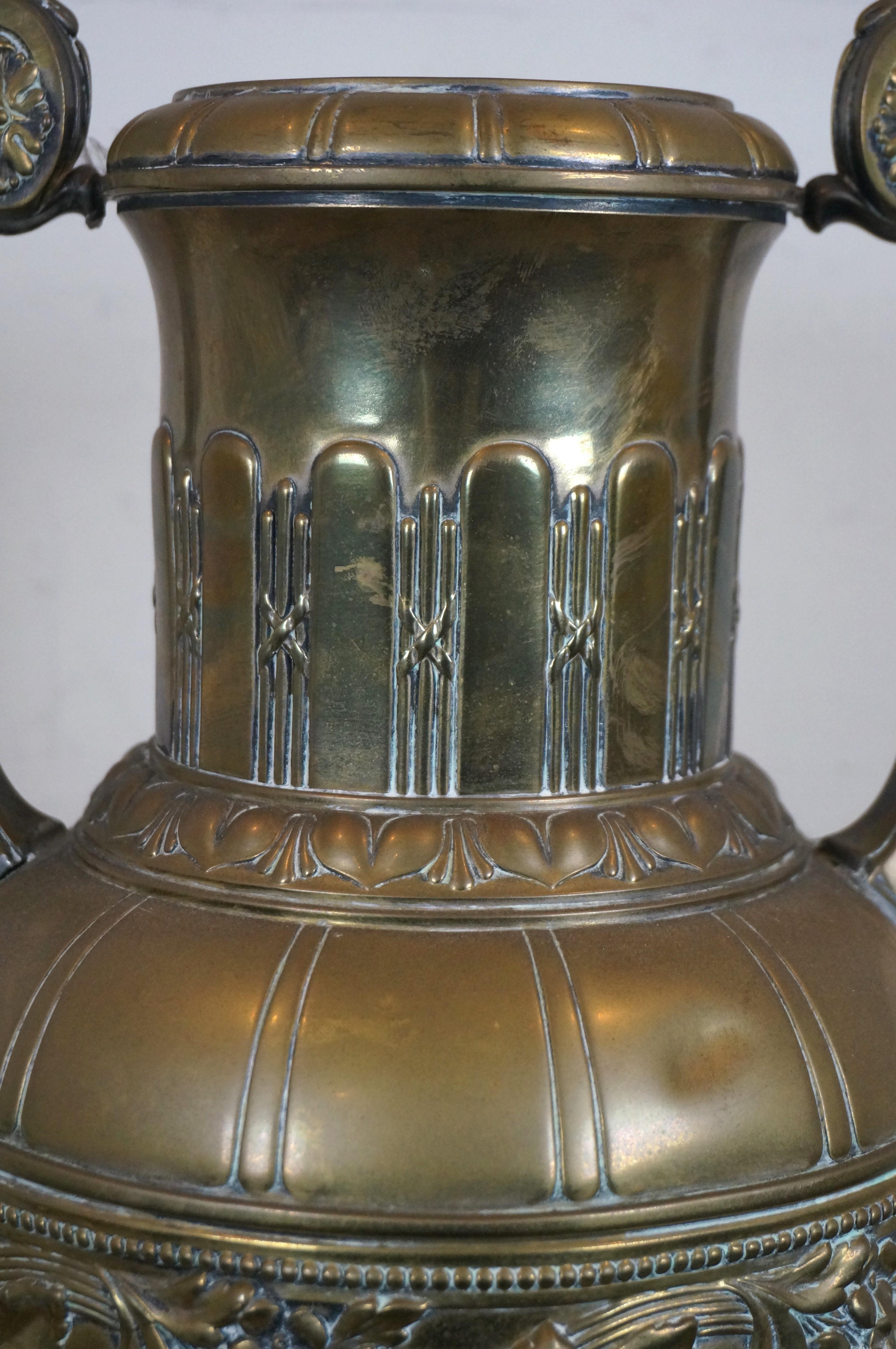 Neoclassical Style Repousse Brass Roses Mantel Urn Amphora Vase 26