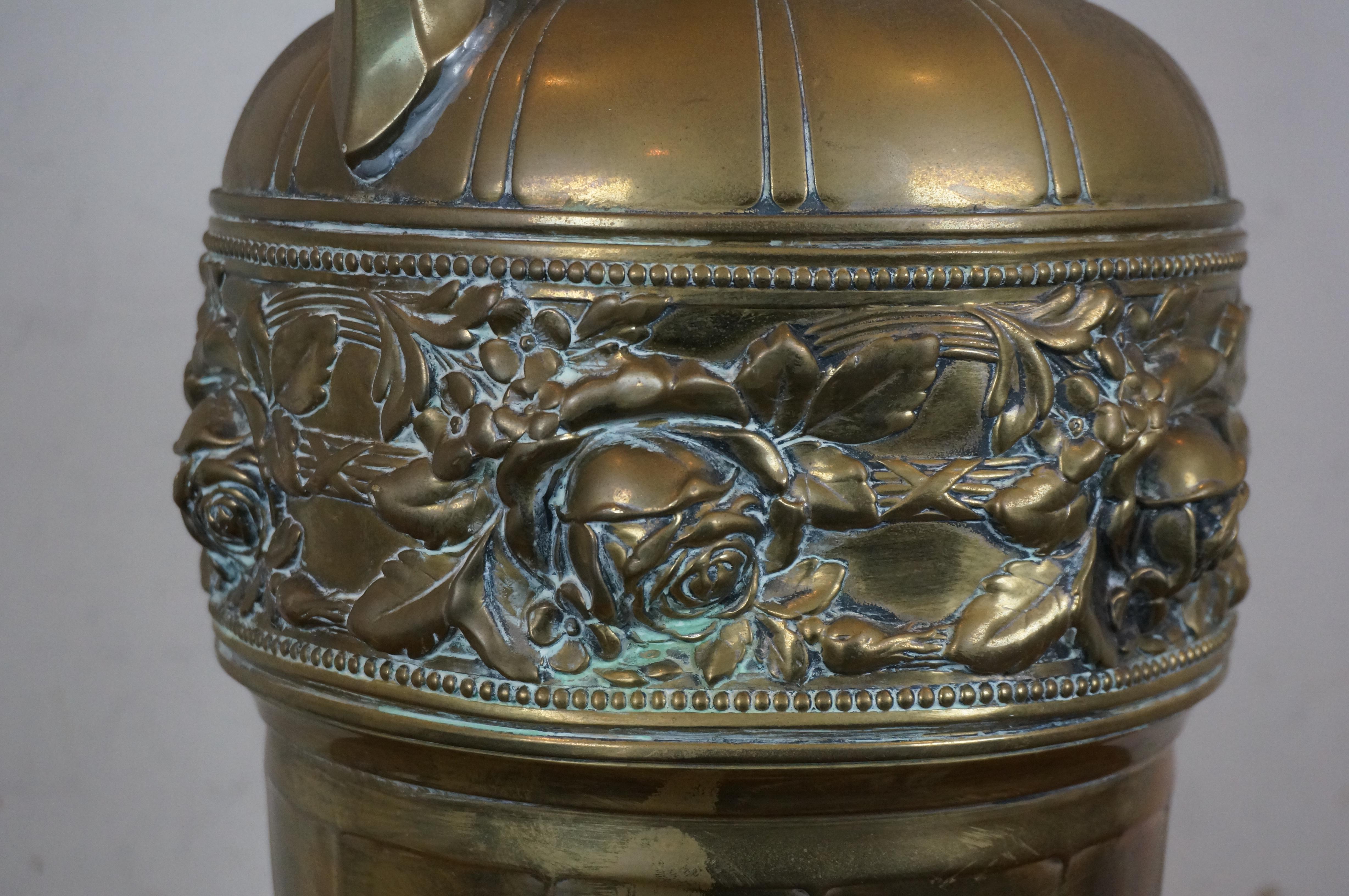 Neoclassical Style Repousse Brass Roses Mantel Urn Amphora Vase 26