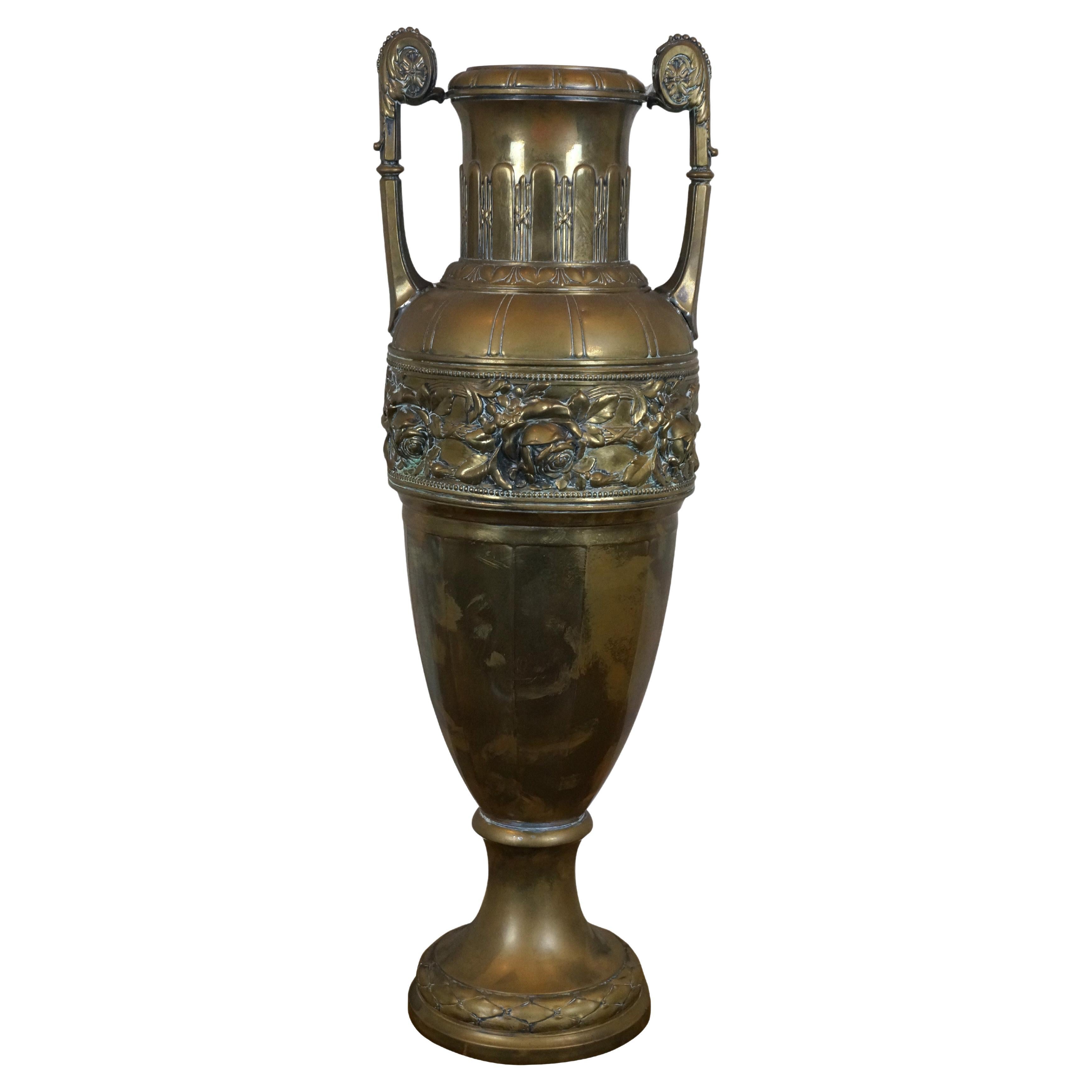 Neoclassical Style Repousse Brass Roses Mantel Urn Amphora Vase 26" For Sale