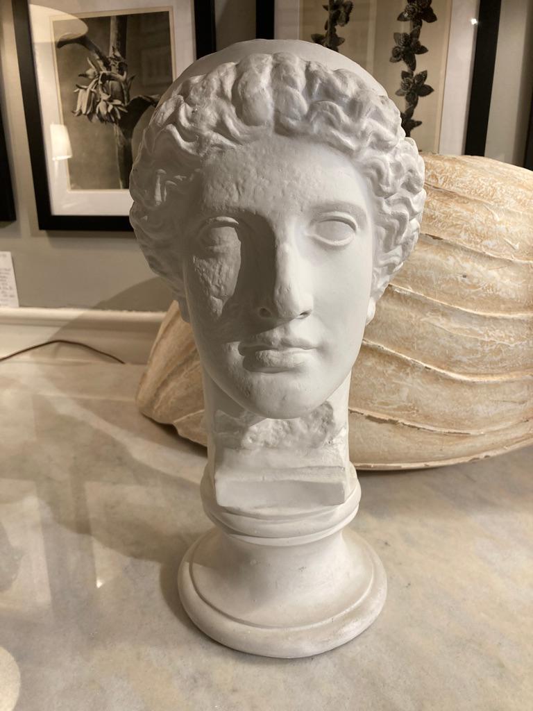 A handsome plaster bust of a god with a hair band after an ancient Roman original. Possibly Apollo, on a socle base. Italian, circa 1950's. 
16 inches high 8 wide 9.5 deep.