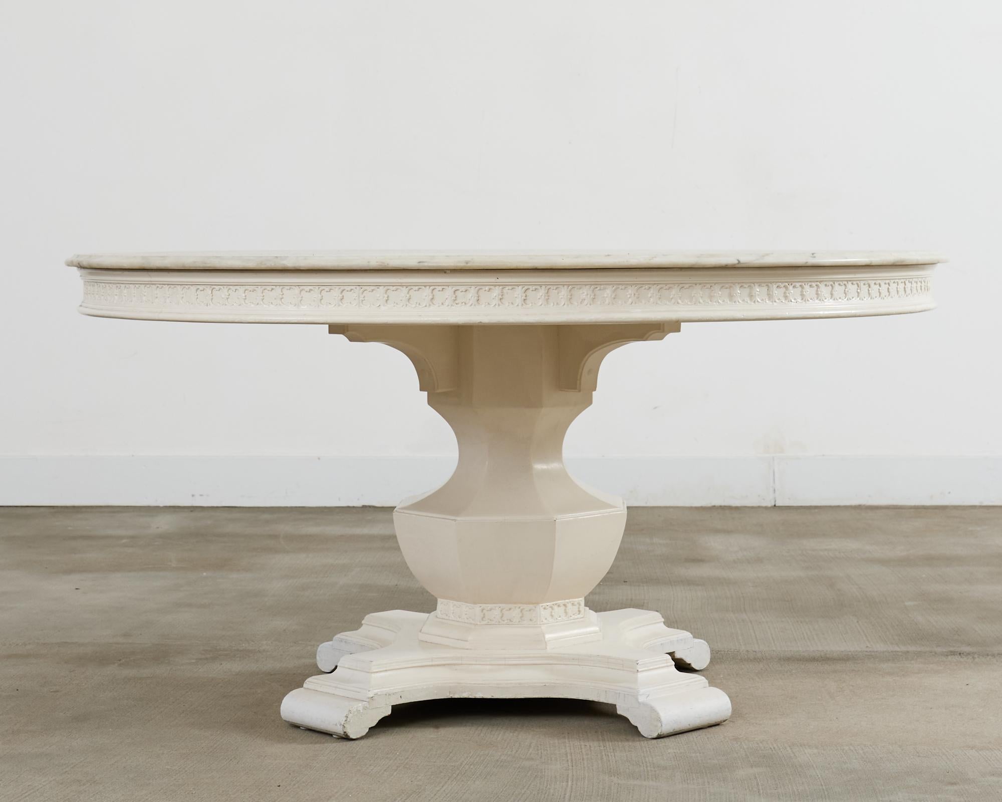 Lacquered Neoclassical Style Round Marble Top Pedestal Center Table For Sale