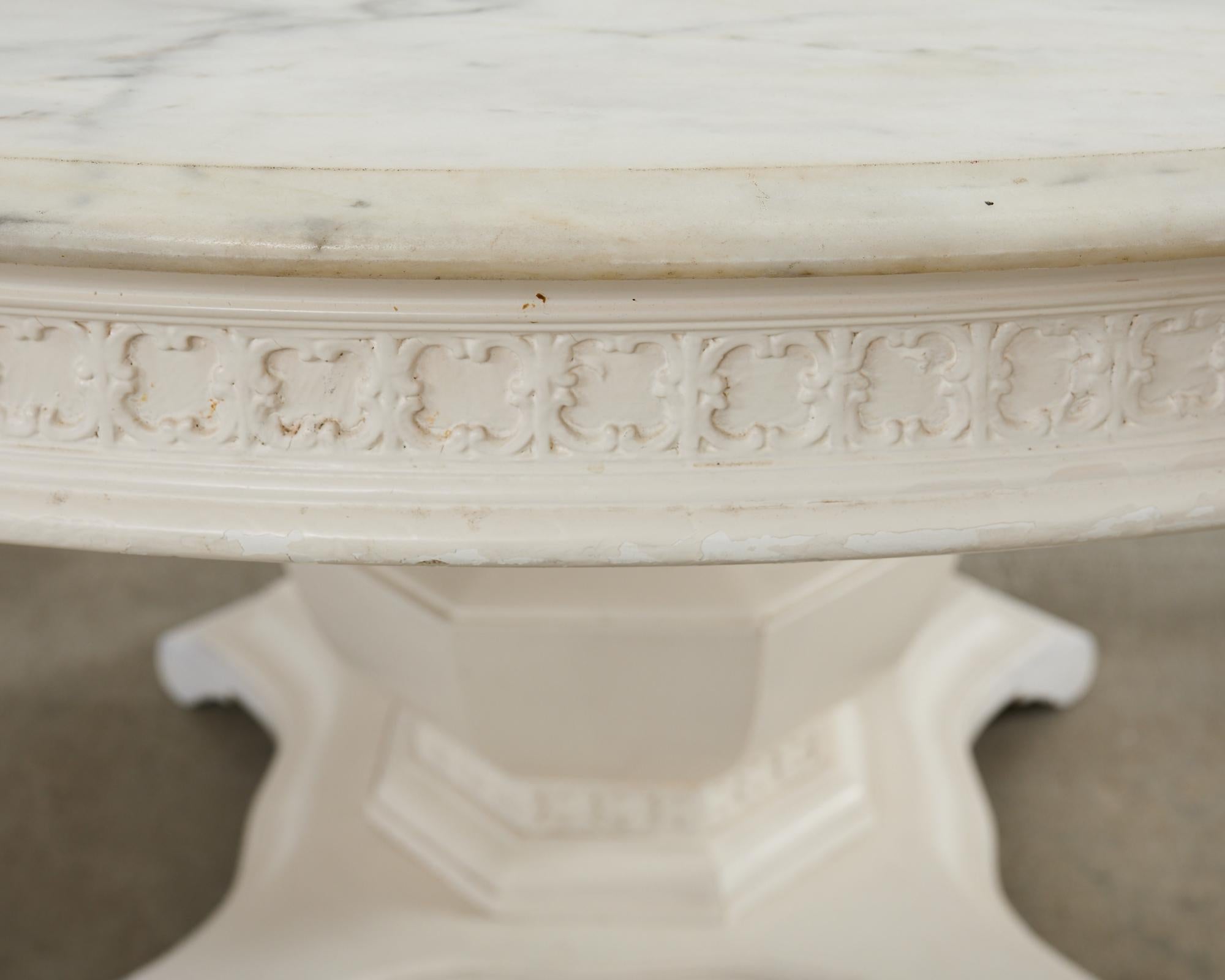 Carrara Marble Neoclassical Style Round Marble Top Pedestal Center Table For Sale