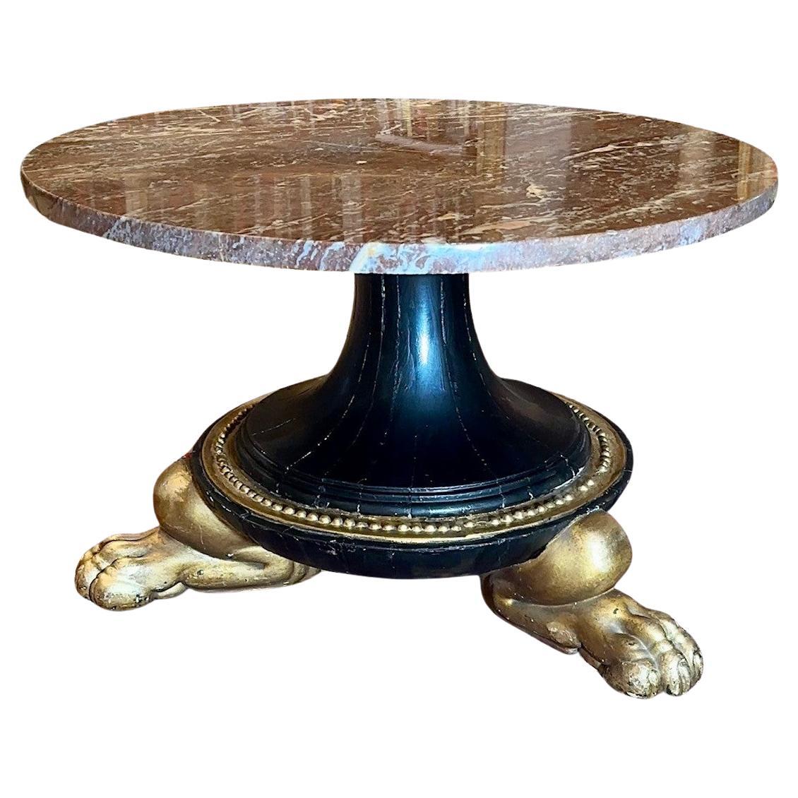 Table basse ronde de style néoclassique à plateau en marbre et piédestal en bois