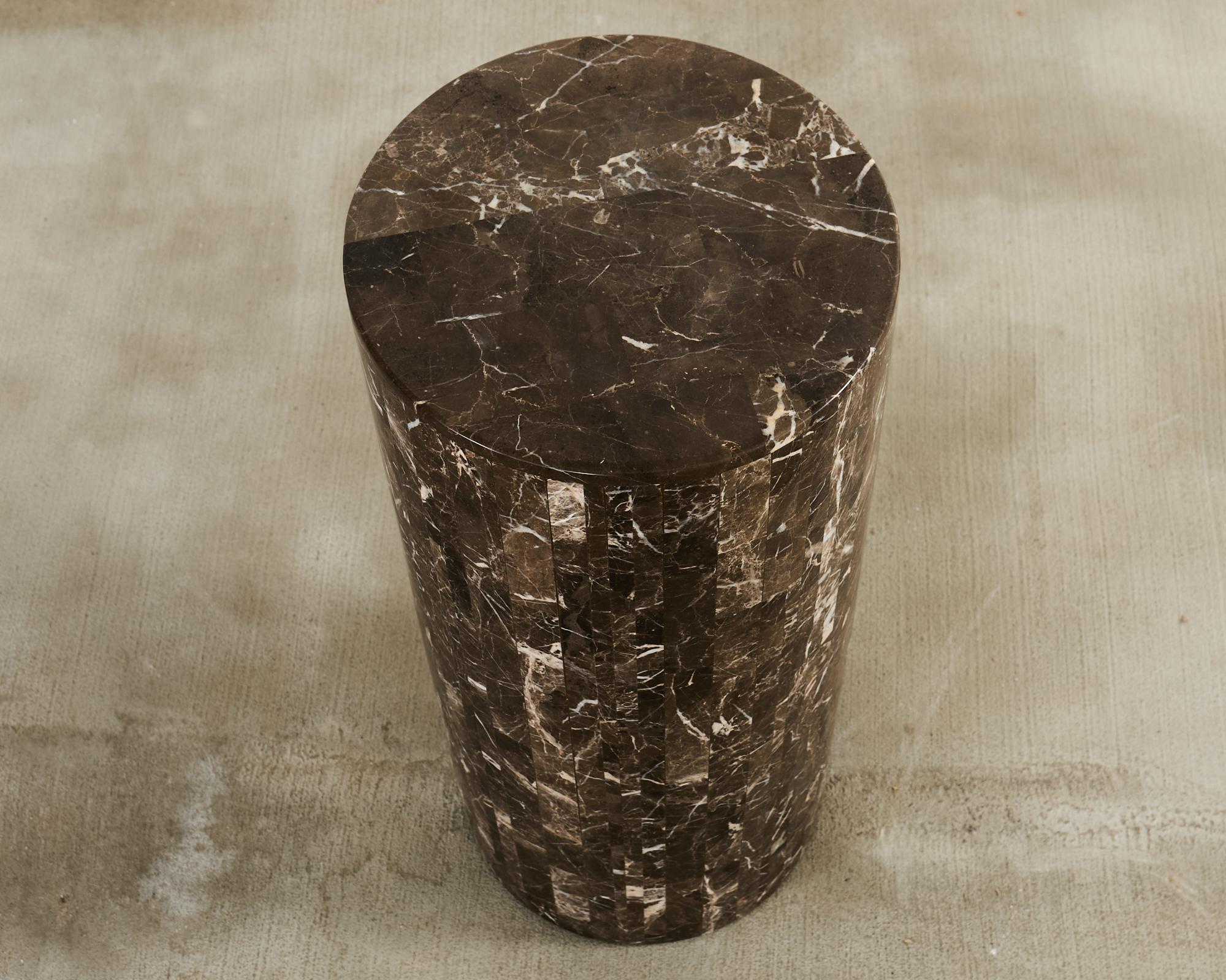 Veneer Neoclassical Style Round Tessellated Marble Stone Pedestal For Sale