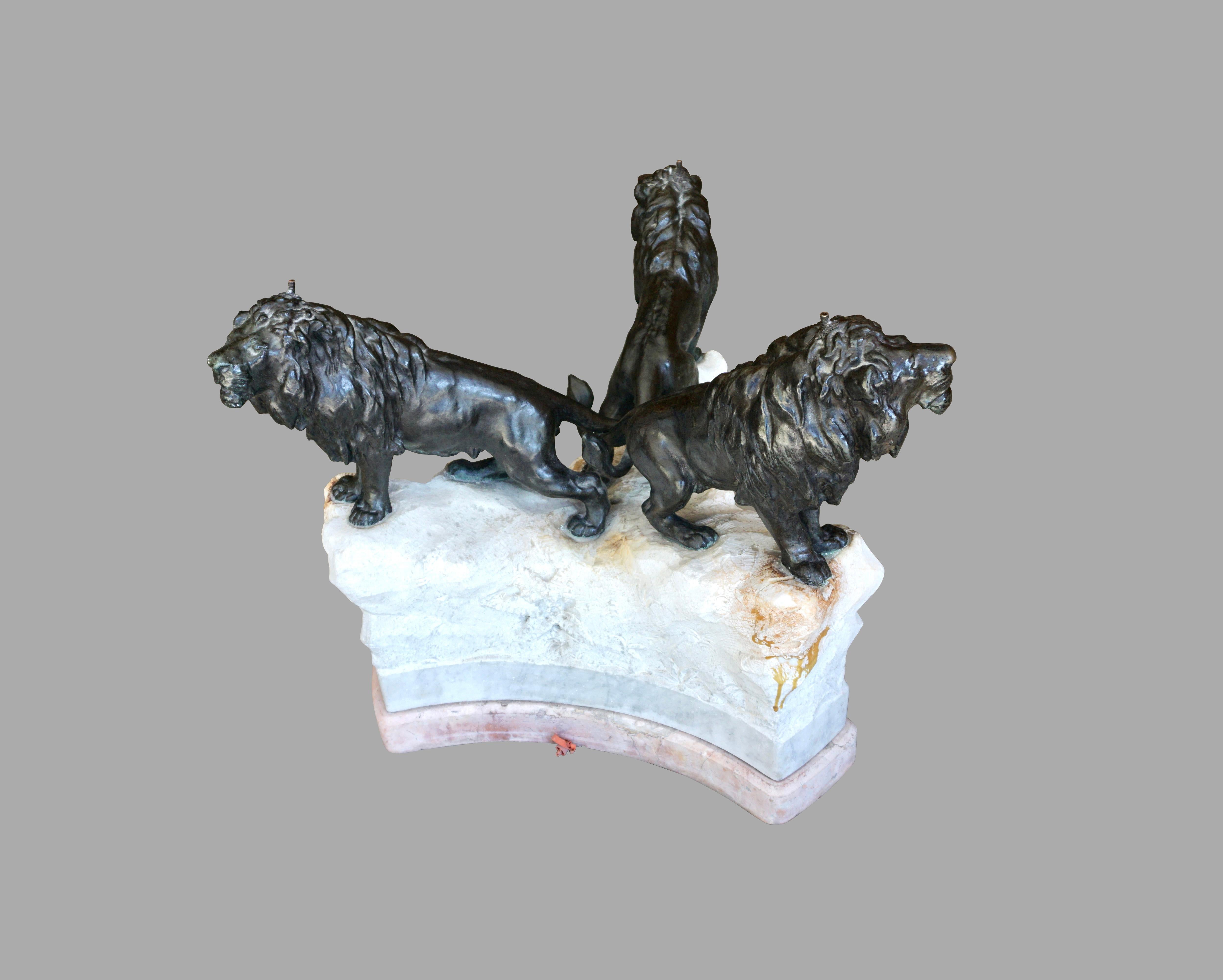 Italian Neoclassical Style Side Table with Stone Top Resting on Trio of Bronze Lions