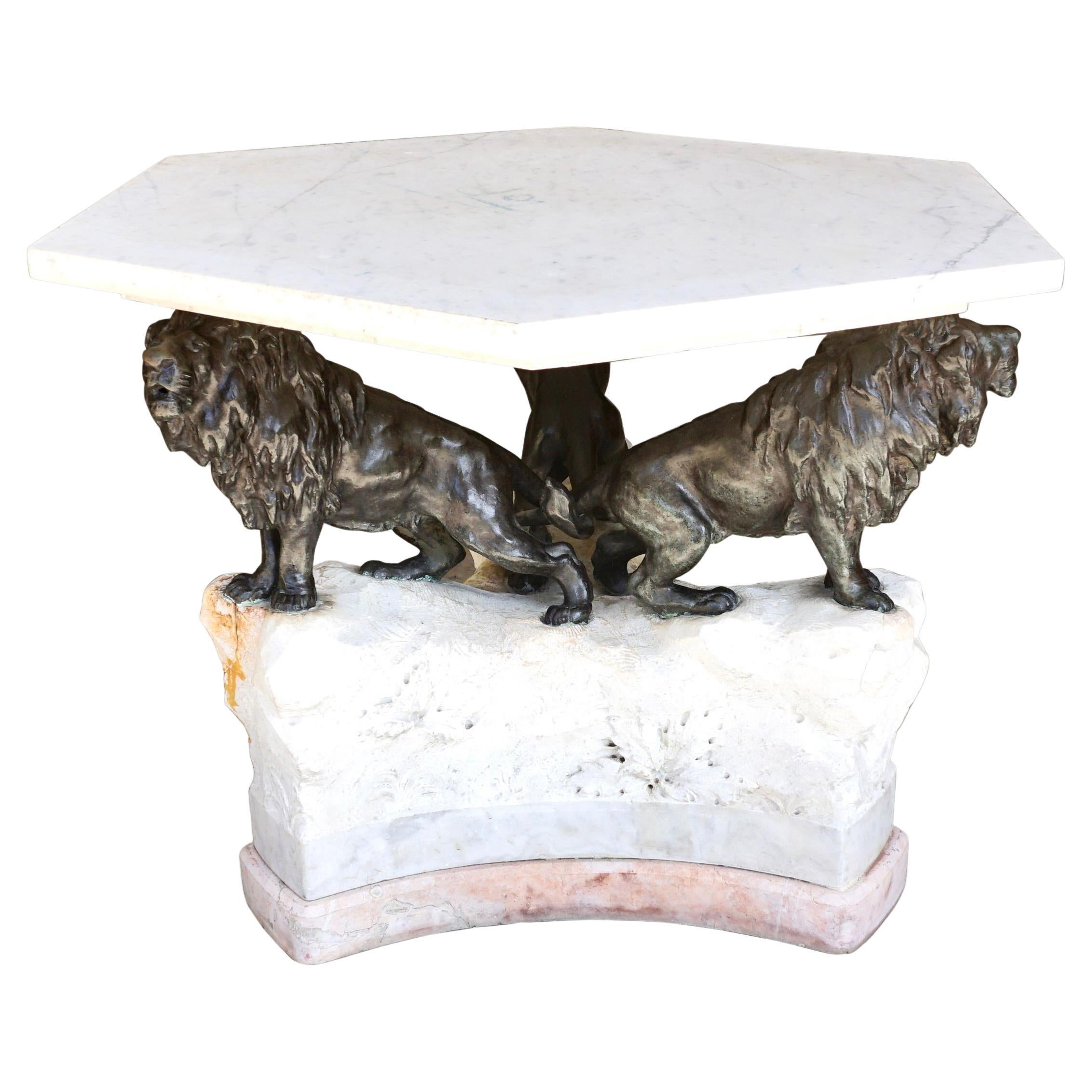 Neoclassical Style Side Table with Stone Top Resting on Trio of Bronze Lions