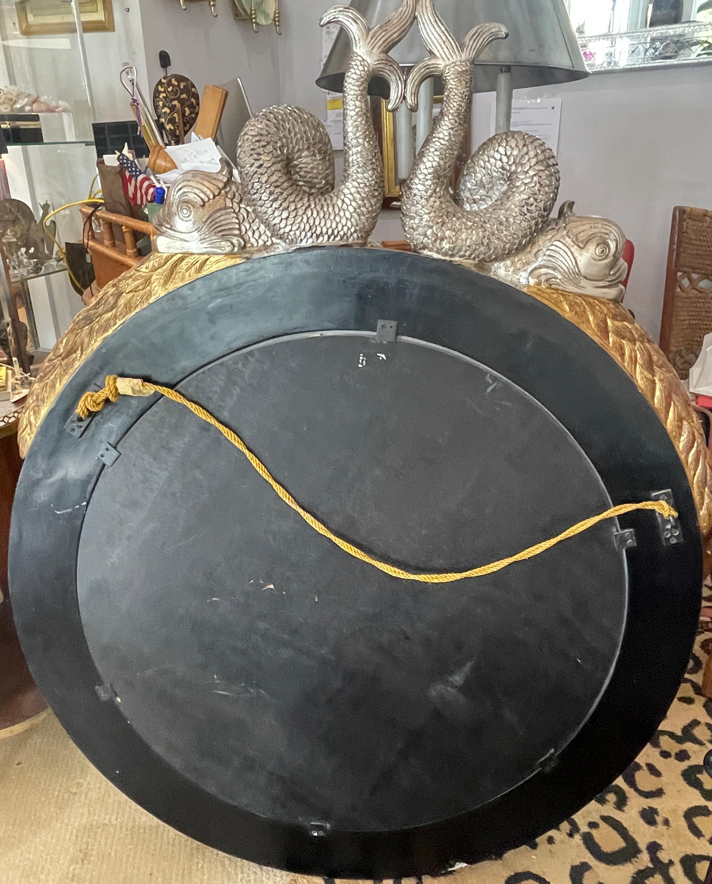 Neoclassical Style Silver Gilt & Gold Gilt Wood Dolphin Round Wall Mirror 9