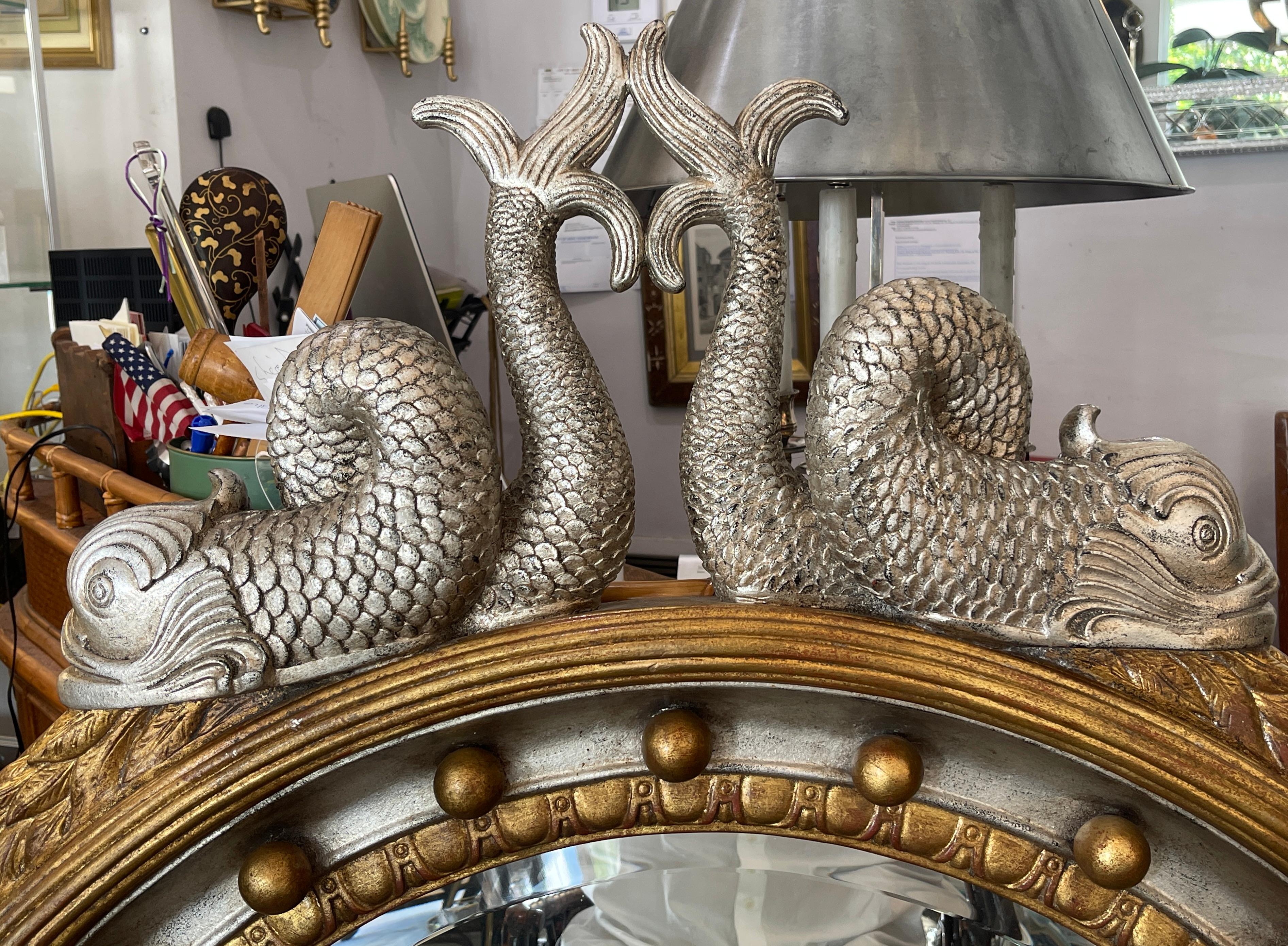 North American Neoclassical Style Silver Gilt & Gold Gilt Wood Dolphin Round Wall Mirror