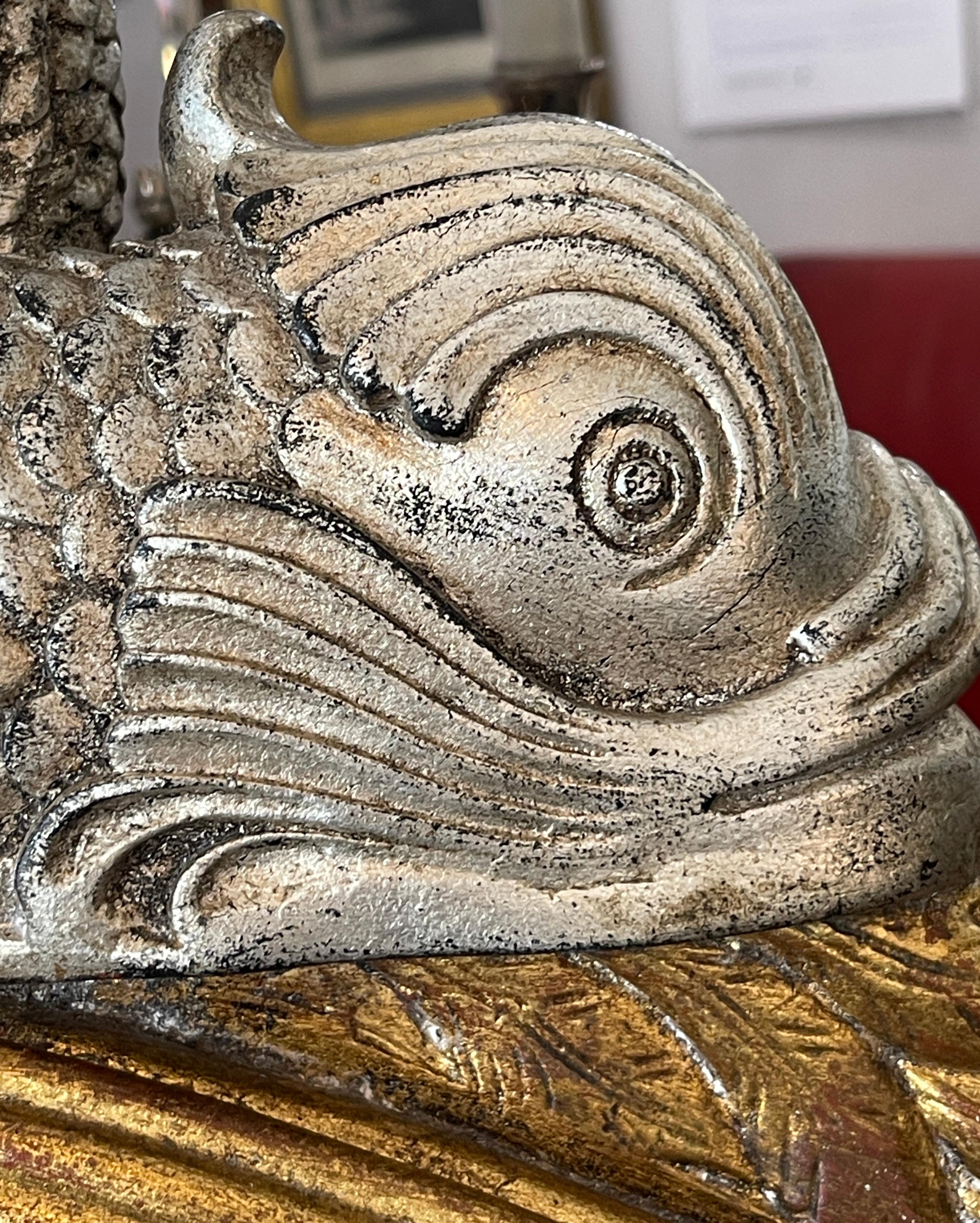20th Century Neoclassical Style Silver Gilt & Gold Gilt Wood Dolphin Round Wall Mirror