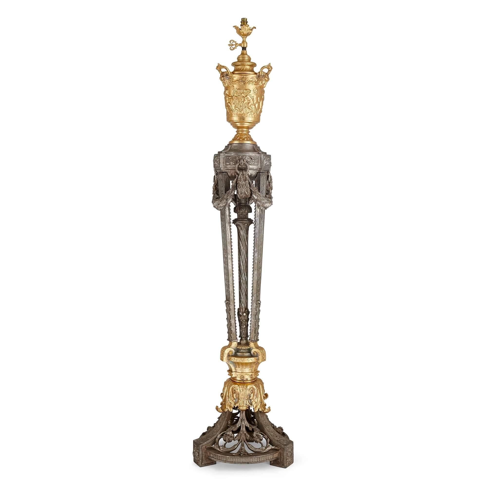 Gilt Neoclassical style gilt and silvered iron 19th Century floor lamps For Sale