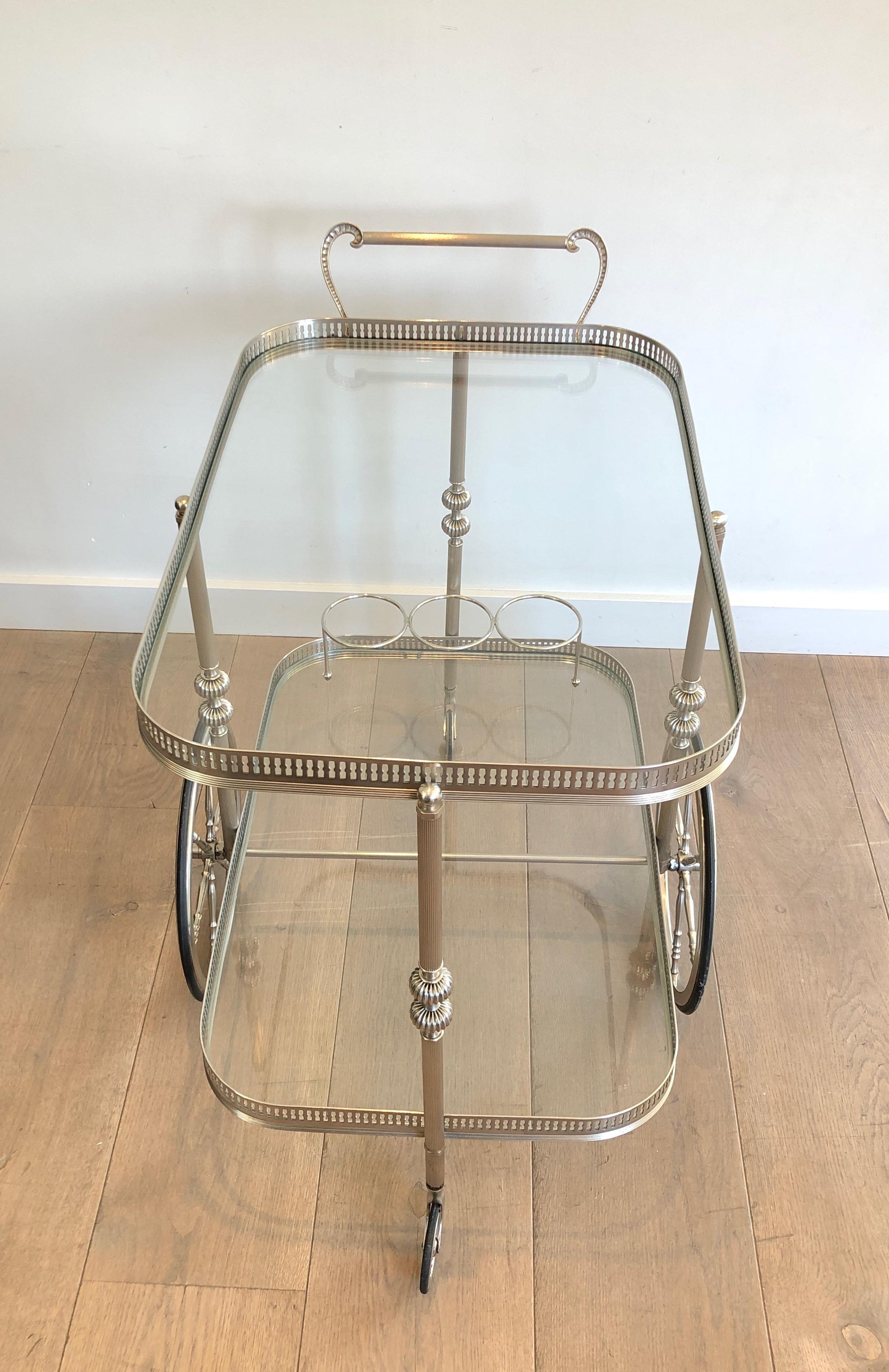 Neoclassical Style Silvered Brass Bar Cart, French, Circa 1940 15