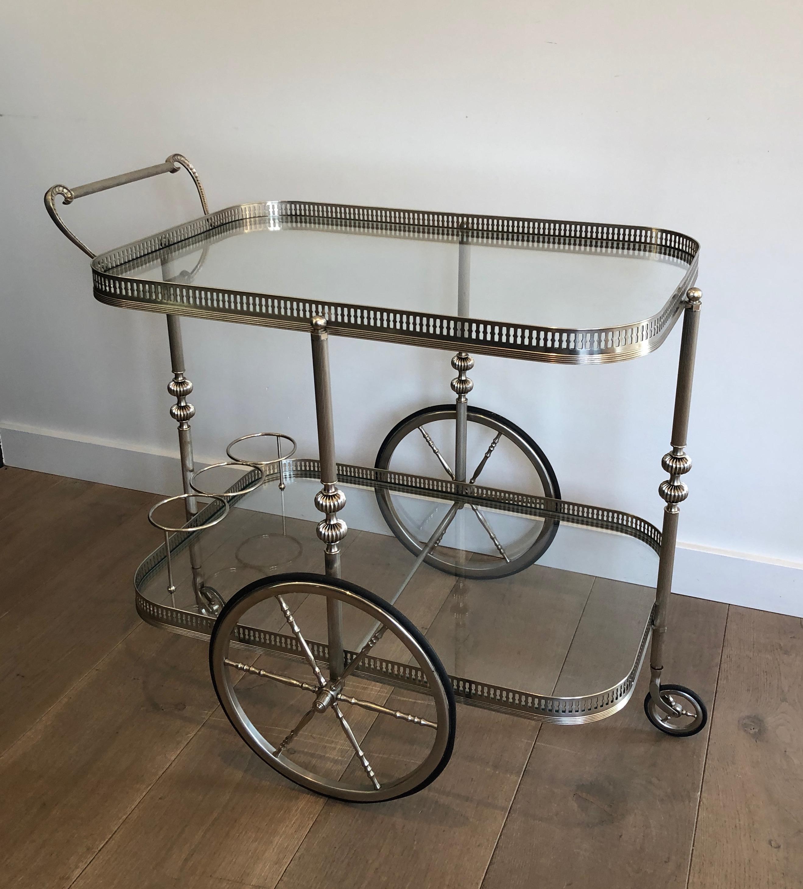 Neoclassical Style Silvered Brass Bar Cart, French, Circa 1940 16