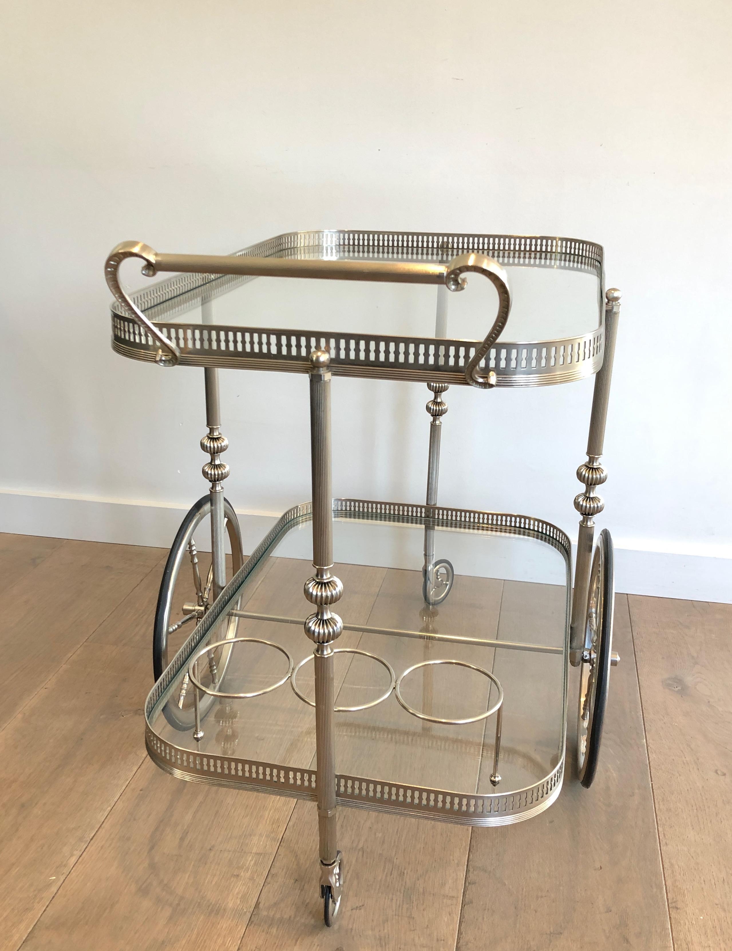 Mid-20th Century Neoclassical Style Silvered Brass Bar Cart, French, Circa 1940