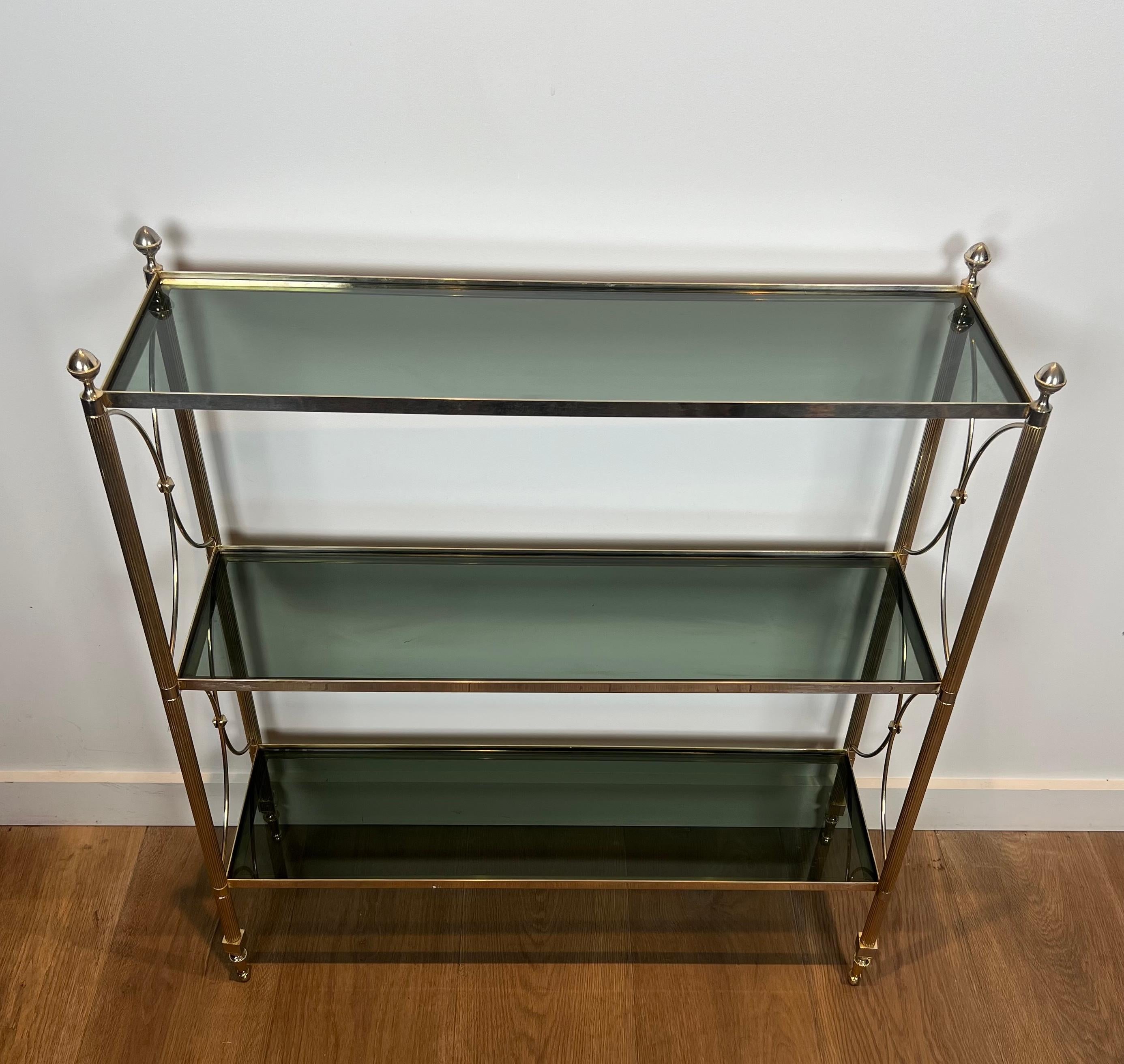 Questo scaffale in stile neoclassico è realizzato in metallo argentato con vetro colorato. Si tratta di un'opera francese attribuita a Maison Jansen. Circa 1940