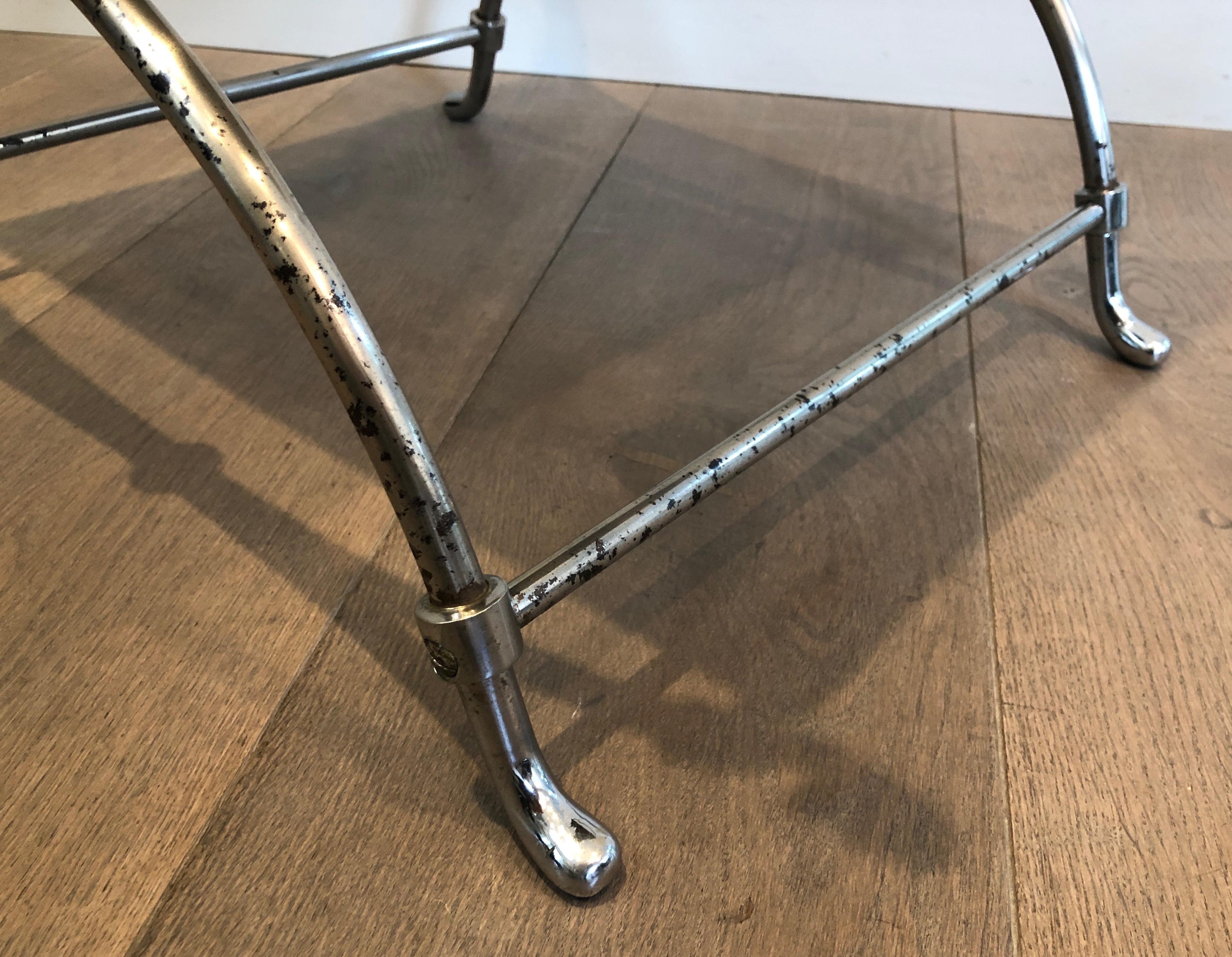 Acciaio Sgabello Curule in acciaio argentato in stile neoclassico con teste di cigno e ecopelle in vendita