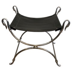 Neoclassical Style Silvered Steel Curule Stool with Swan Heads and Faux-Leather