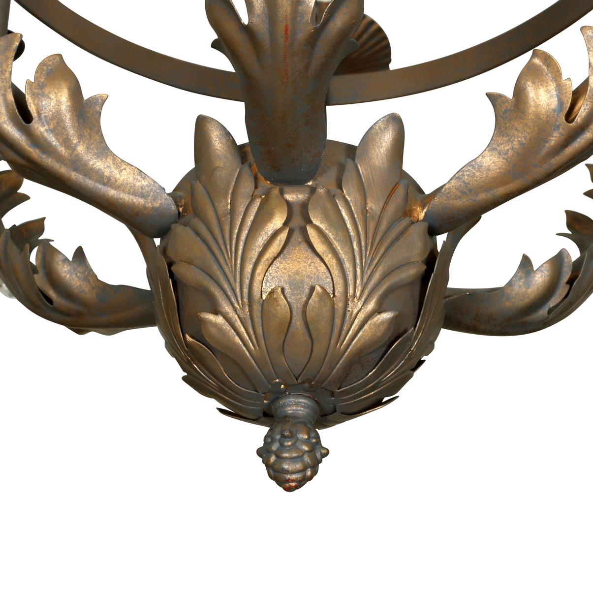 Neoclassical style, six-light chandelier with scroll arms and leaf design.
