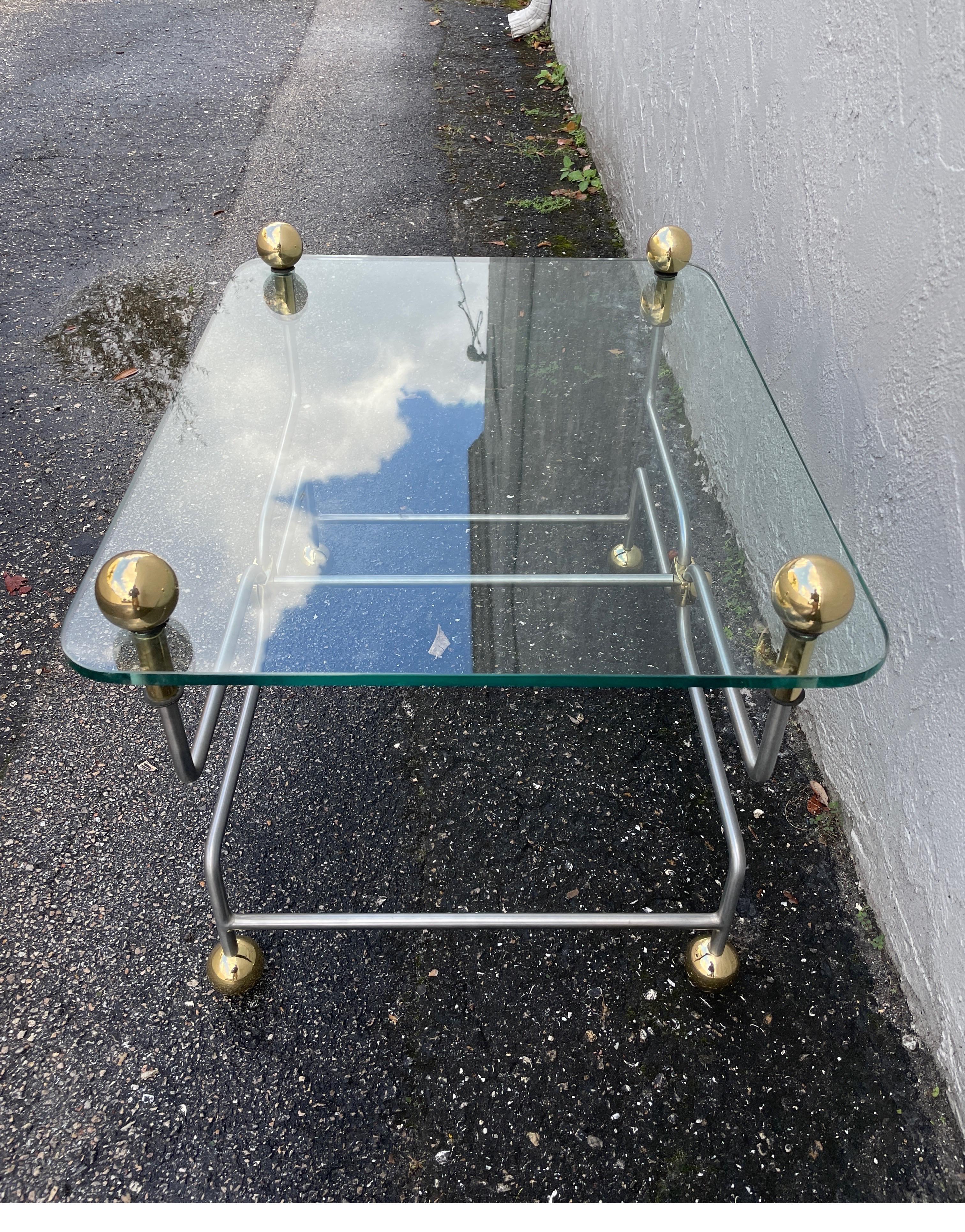 Neoclassical Style Steel & Brass Cocktail Table For Sale 3